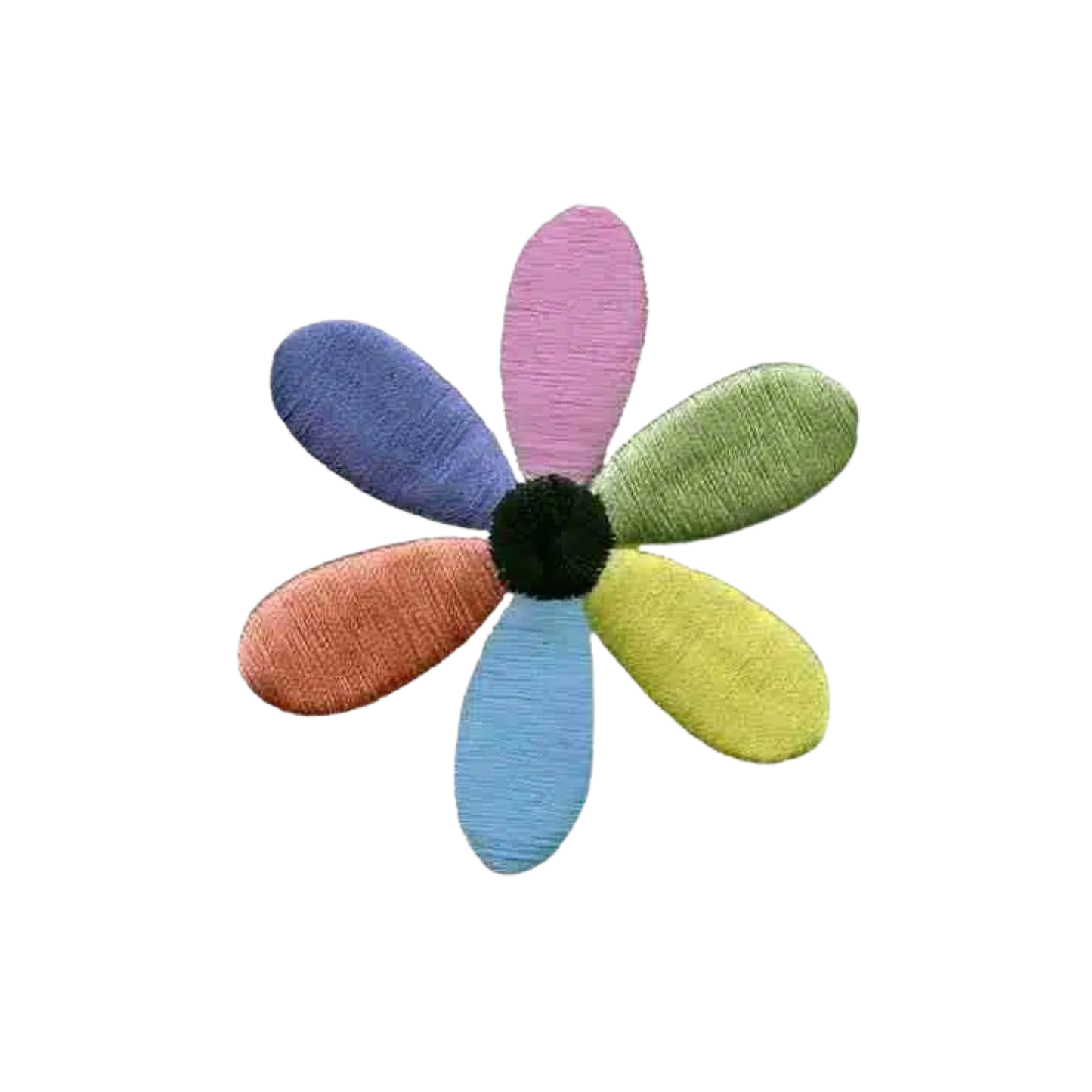 Find inspiration for your next project with the Laughing Lizards 6-Petal Pastel Colored Daisy Flower Iron On Patch (2-Pack), featuring blue, purple, green, yellow, light blue, and orange petals on a white background.