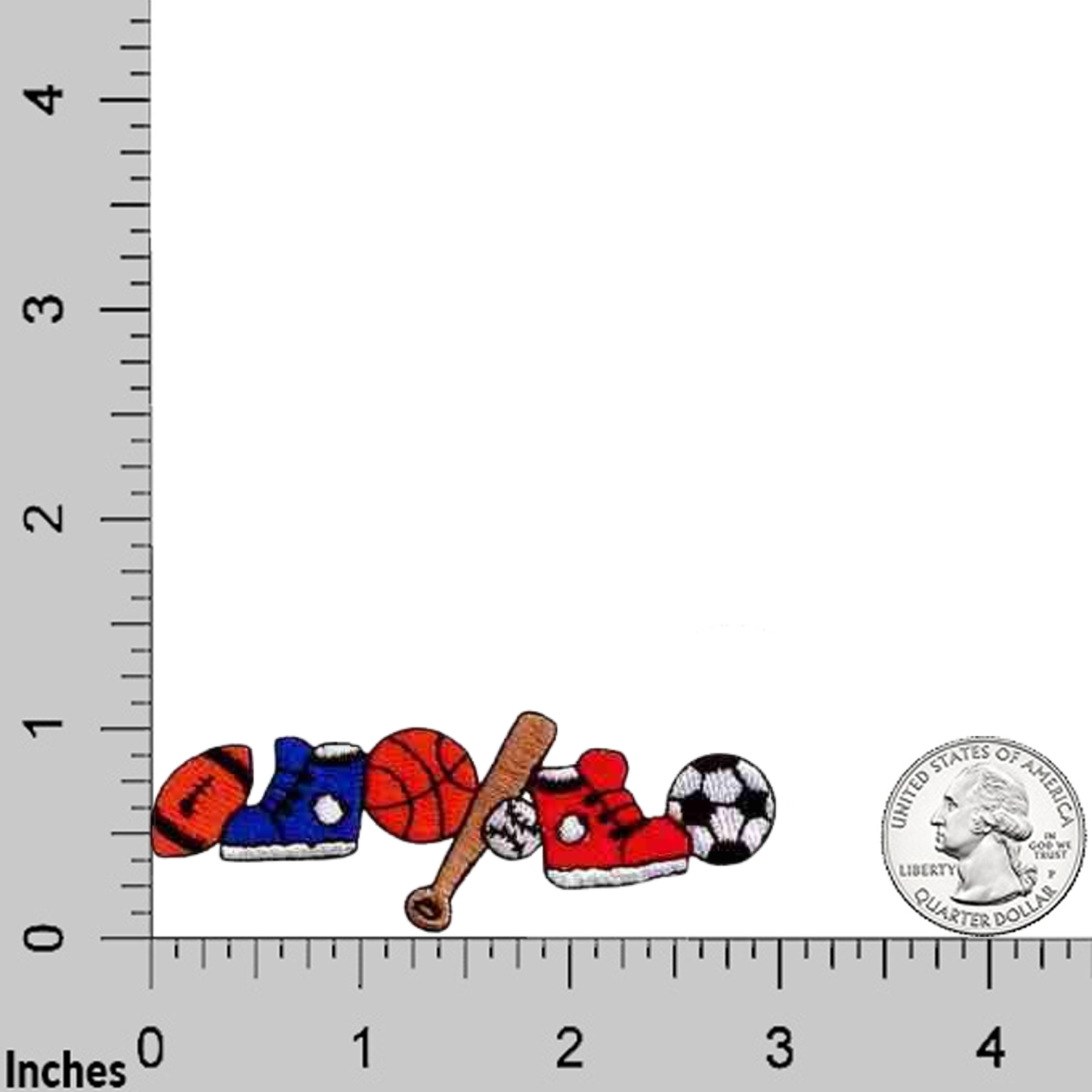 The Laughing Lizards Chain of Sports Equipment (3-Pack) Iron On Patch shows small sports shoes, balls, and a bat next to a US quarter and ruler for scale—ideal for adding sporty flair to your gear.
