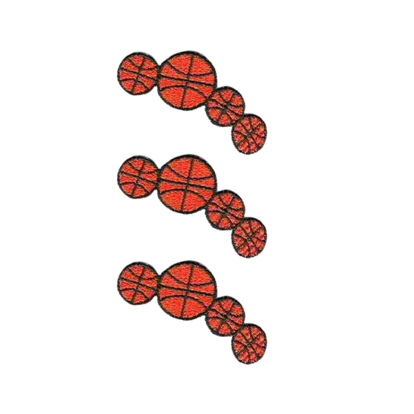 LaughingLizards Four Basketballs Sports (3-Pack) Iron On Patch features three vertically arranged basketballs of decreasing size—ideal for kids’ sport shirts or any DIY craft accessory.