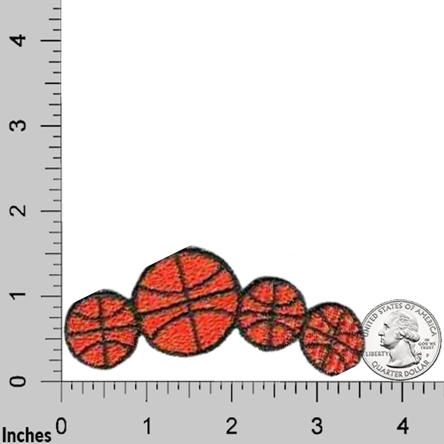 The LaughingLizards Four Basketballs Sports (3-Pack) Iron On Patch is shown next to a U.S. quarter and ruler for scale—perfect for decorating sports shirts or adding a fun basketball touch to your DIY crafts. Measurements in inches included.