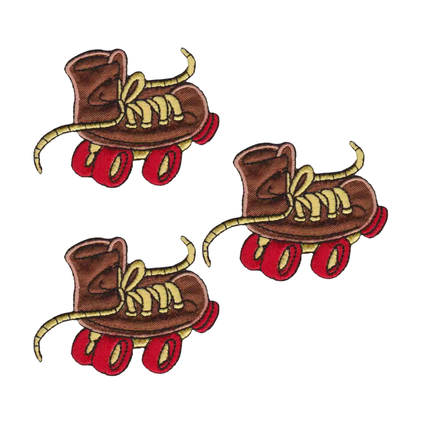 The Laughing Lizards Wacky Roller Skate Children's (3-Pack) Iron On Patch in brown features three illustrated roller skates with yellow laces and red wheels, ideal for decorating fabric or adding to any roller skate patch collection.