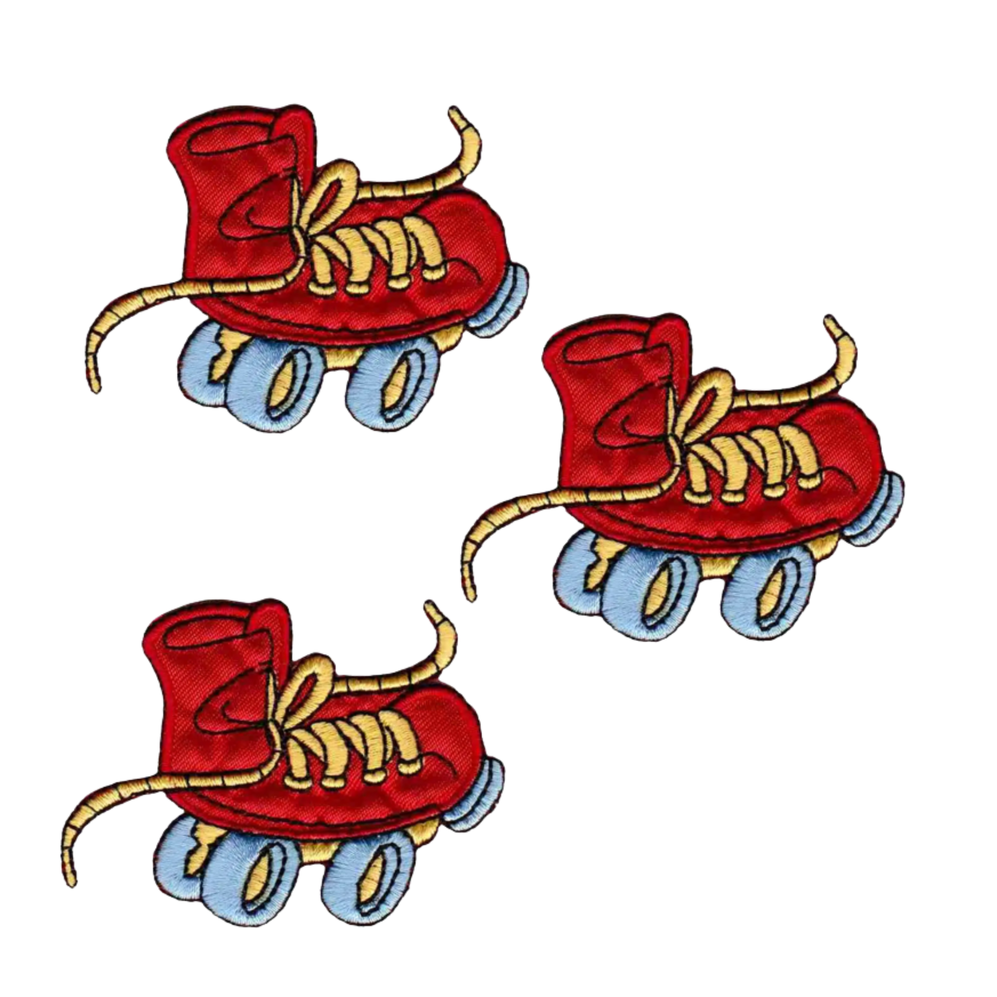 The Wacky Roller Skate Children's (3-Pack) Iron On Patch - Red by Laughing Lizards features red skates with yellow laces and blue wheels, ideal for unique fabric decoration or as fun roller skate patches.