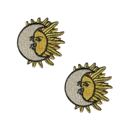 The Laughing Lizards Moon Over Sun (2-Pack) Iron On Patch features embroidered sun and moon faces with yellow rays on white, perfect as a unique addition to any sun and moon patch collection.
