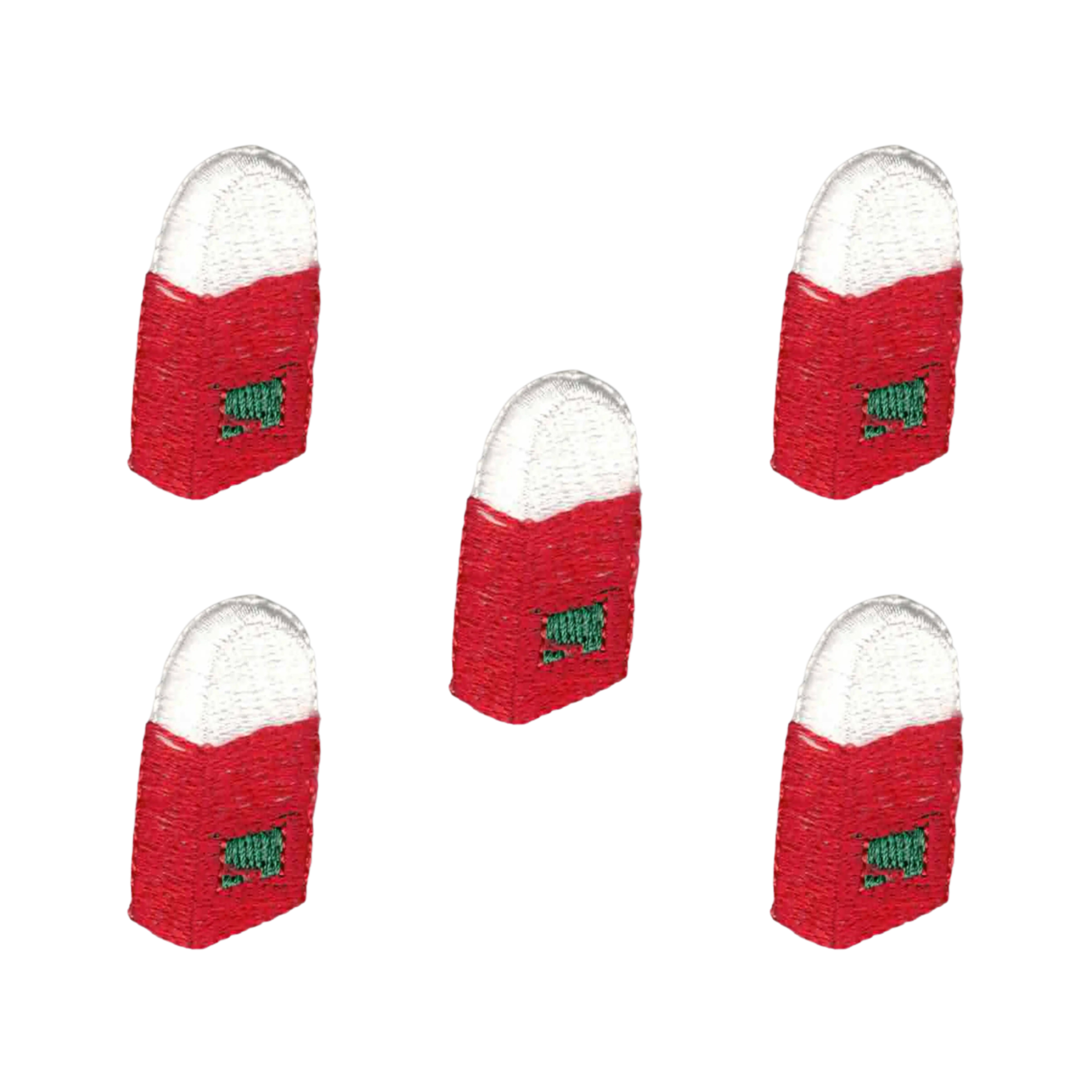 The LaughingLizards Eraser (5-Pack) Children's Iron On Patch features five identical red and white patches with a green rectangle, arranged in a loose grid on a white background—great for DIY craft projects.