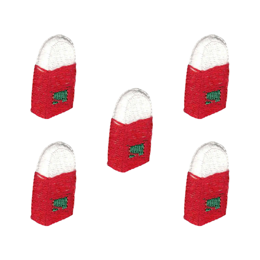 The LaughingLizards Eraser (5-Pack) Children's Iron On Patch features five identical red and white patches with a green rectangle, arranged in a loose grid on a white background—great for DIY craft projects.