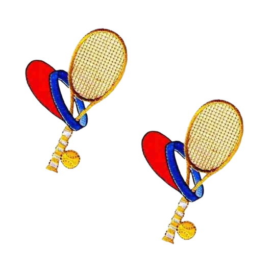 The Laughing Lizards Tennis Racquet Ball and Visor (2-Pack) Iron on Sports Patch features two diagonal designs with a heart and ribbon—ideal for customizing your sports accessories or patch collection.