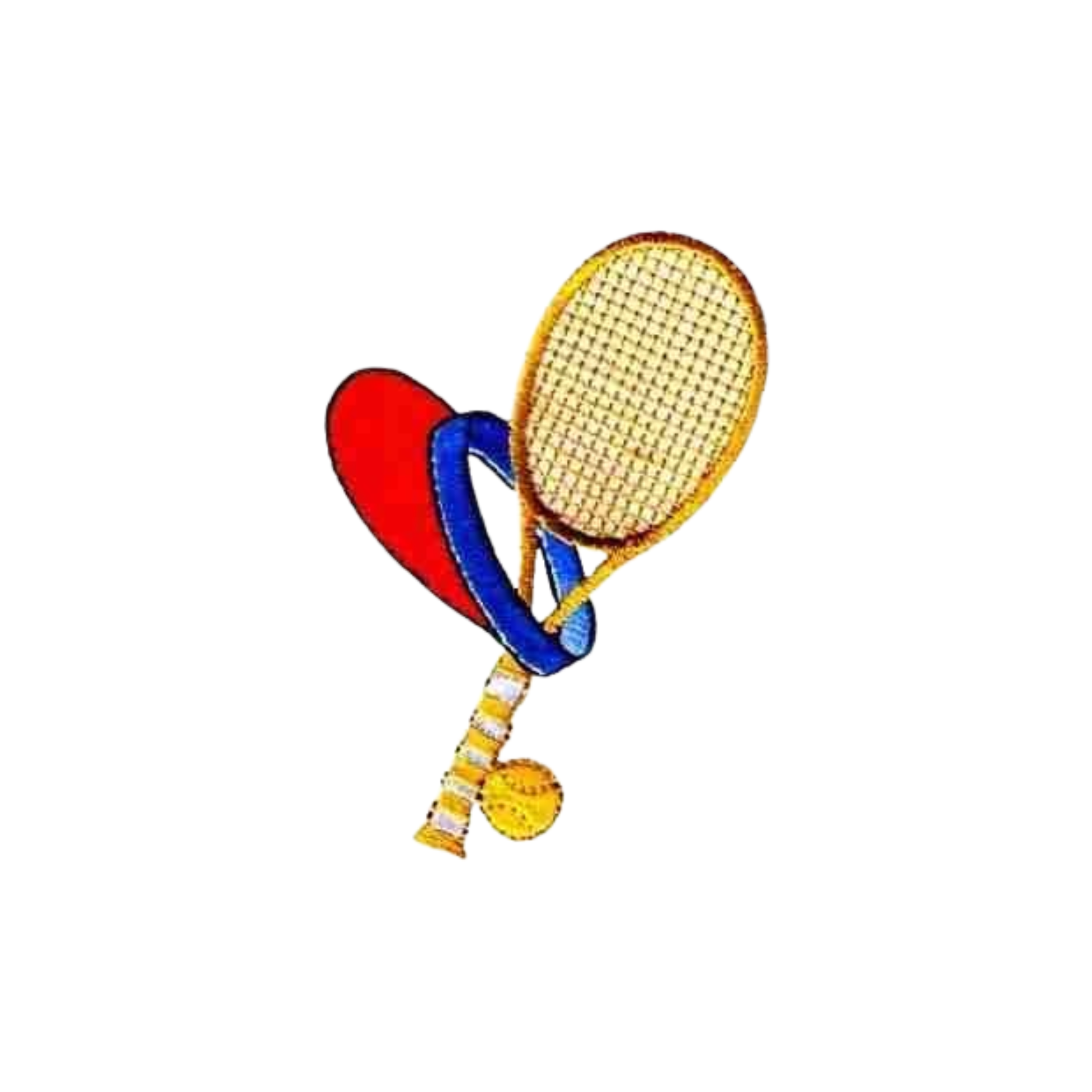 The Laughing Lizards Tennis Racquet Ball and Visor (2-Pack) Iron on Sports Patch is displayed with a red heart and blue ribbon on a white background, creating a charming sports-themed arrangement.