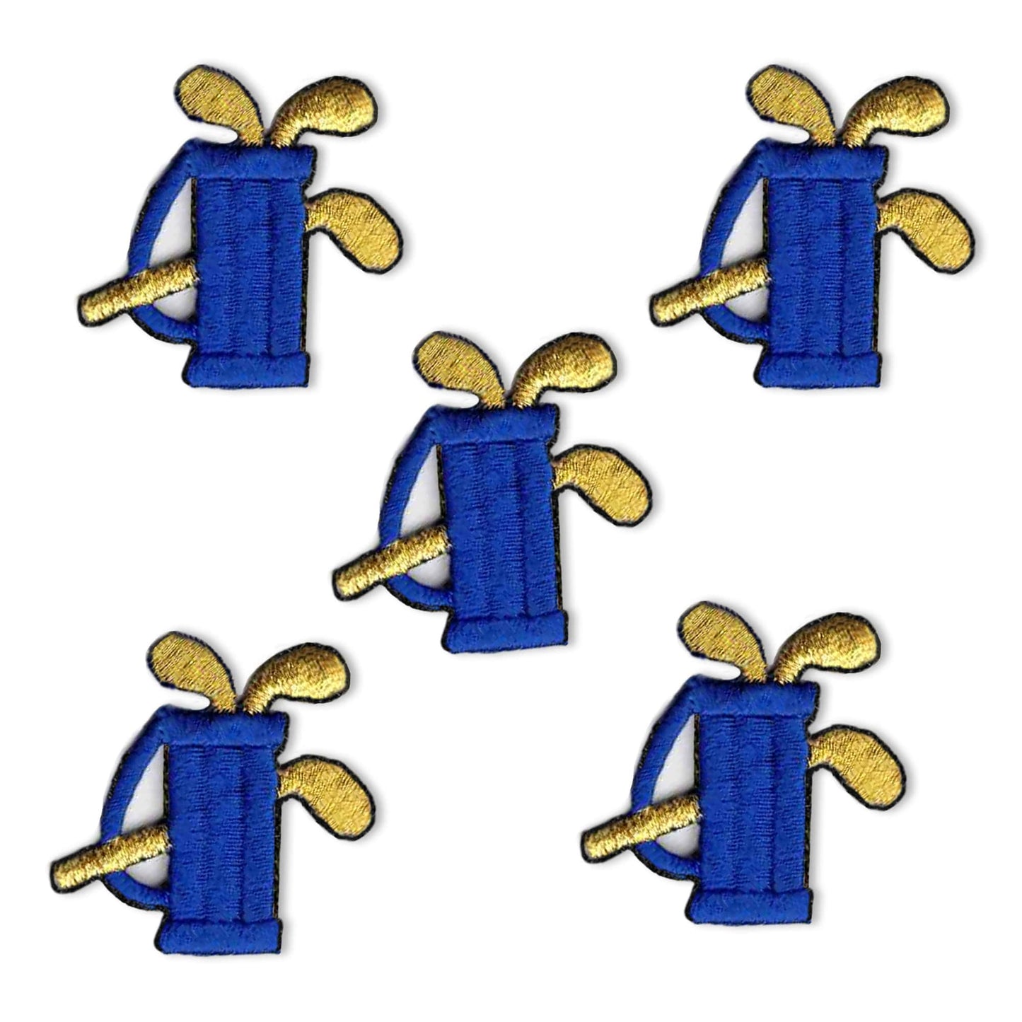 Four Golf Bag Patches (5-Pack)  Golf Embroidered Iron On Patch Appliques embroidered on a white background.