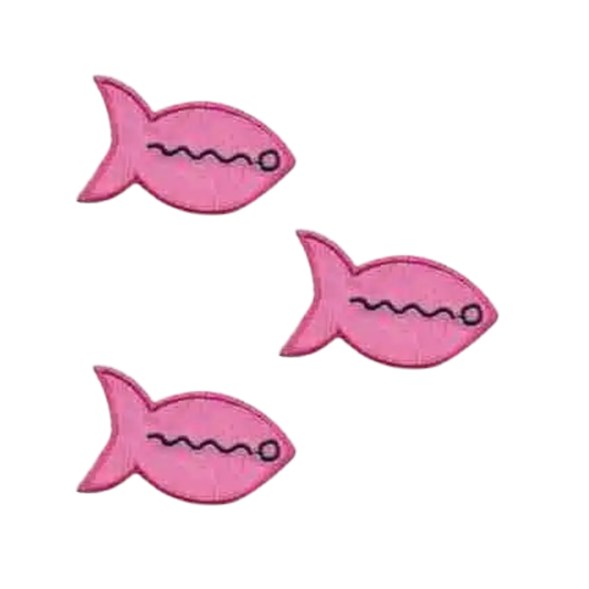 Add a playful touch to your accessories with Laughing Lizards’ Brightly Colored Fish in PINK (3-Pack) Iron On Patch—fun cartoon fish, ideal for any DIY project!.