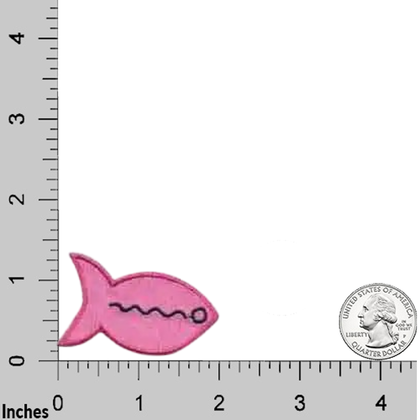 The Laughing Lizards Brightly Colored Fish in PINK Iron On Patch (3-Pack) is shown on an inch-marked grid with a U.S. quarter for scale, making it a perfect DIY decorating accessory.