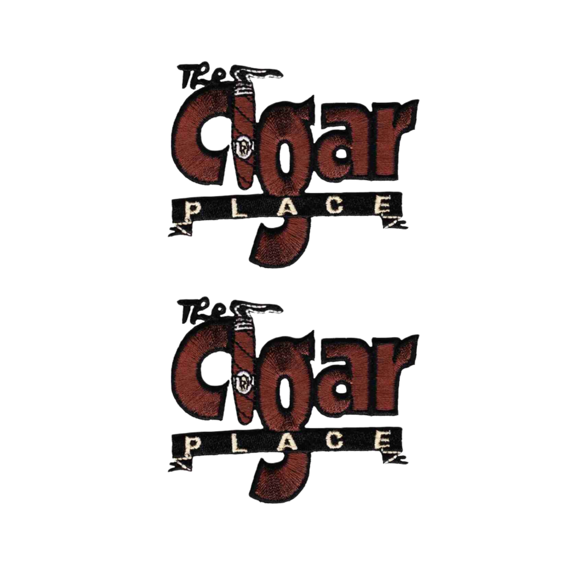 The Cigar Place (2-Pack) Iron on Patch by Laughing Lizards features two identical patches with a cigar-themed logo and a “PLACE” banner beneath “Cigar”—a distinctive design for any collection.