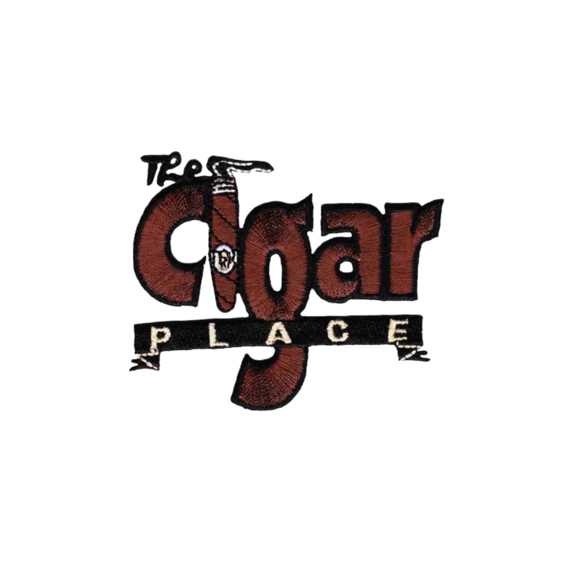Featuring "The Cigar Place" in brown and black on white, the "I" as a smoking cigar adds a classic touch—perfect for The Cigar Place (2-Pack) Iron on Patch by Laughing Lizards.