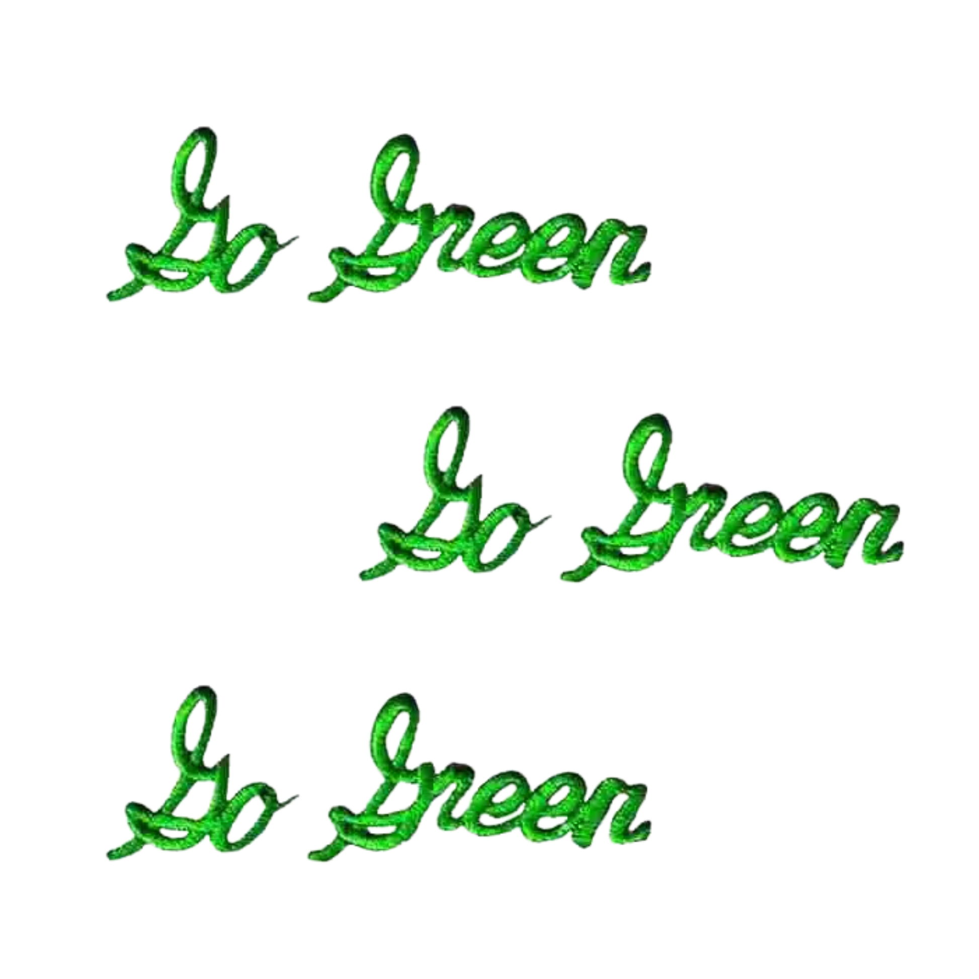 The Go Green Environmental Ecology Iron On Patch (3-Pack) by Laughing Lizards features "Go Green" in green cursive text, spaced stylishly on a white background, resembling embroidered patches that promote eco-friendly living.