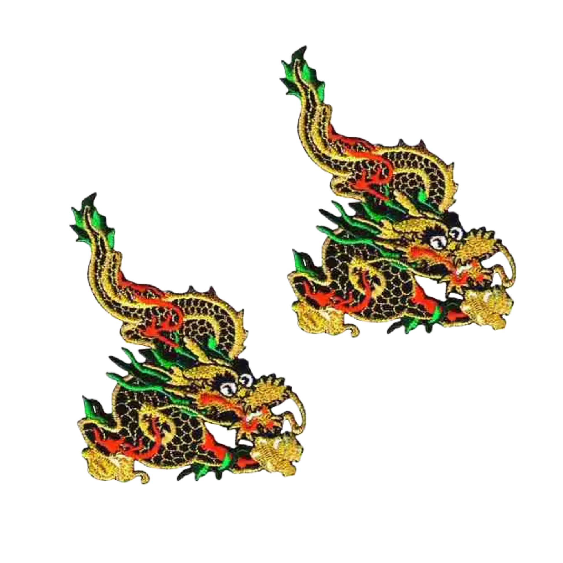 The Laughing Lizards Metallic Gold Chinese Dragon Iron On Patch 2-Pack features vibrant dragon appliques perfect for adding flair to jackets, bags, or hats. Each patch has eye-catching gold detail and is shown on a white background.
