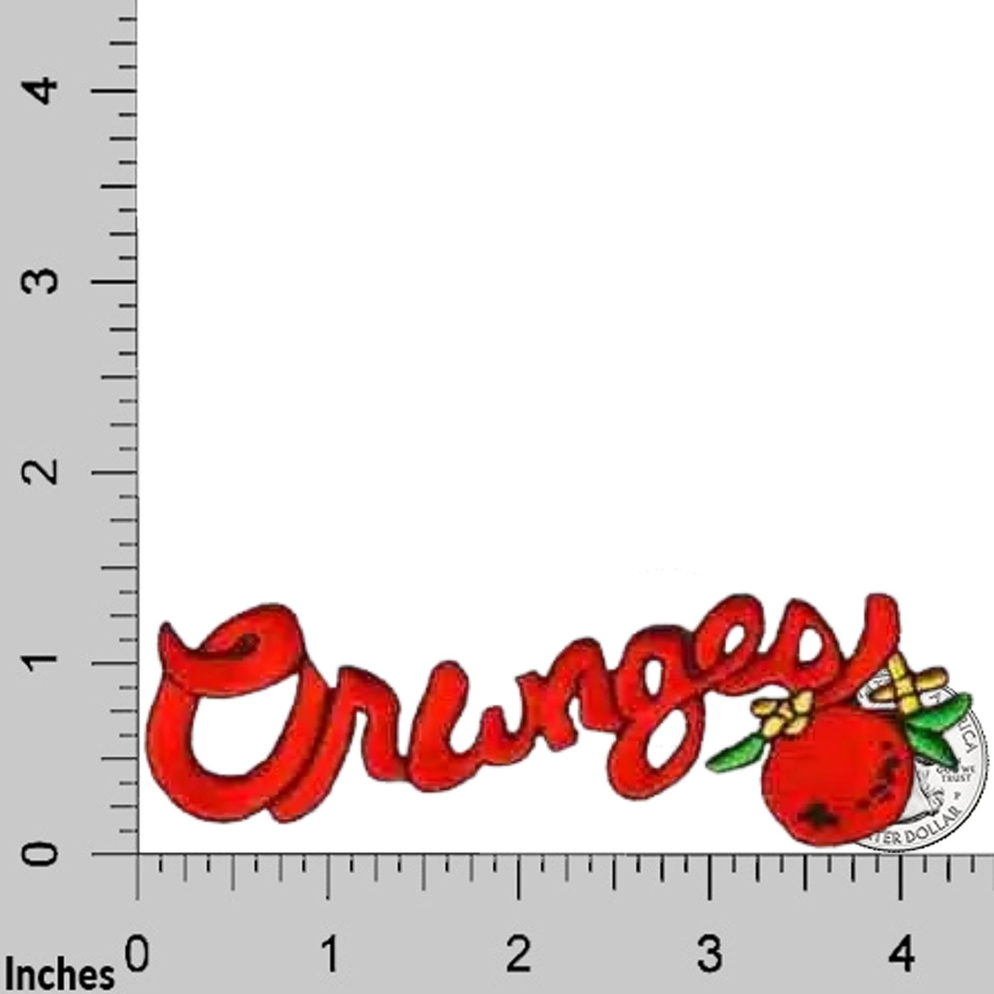 LaughingLizards Oranges Script (3-Pack) Iron On Fruit Patch features red cursive "Oranges" with an orange fruit and blossoms on a 4x4 inch grid—ideal for DIY crafts or as a fun fruit patch accessory.