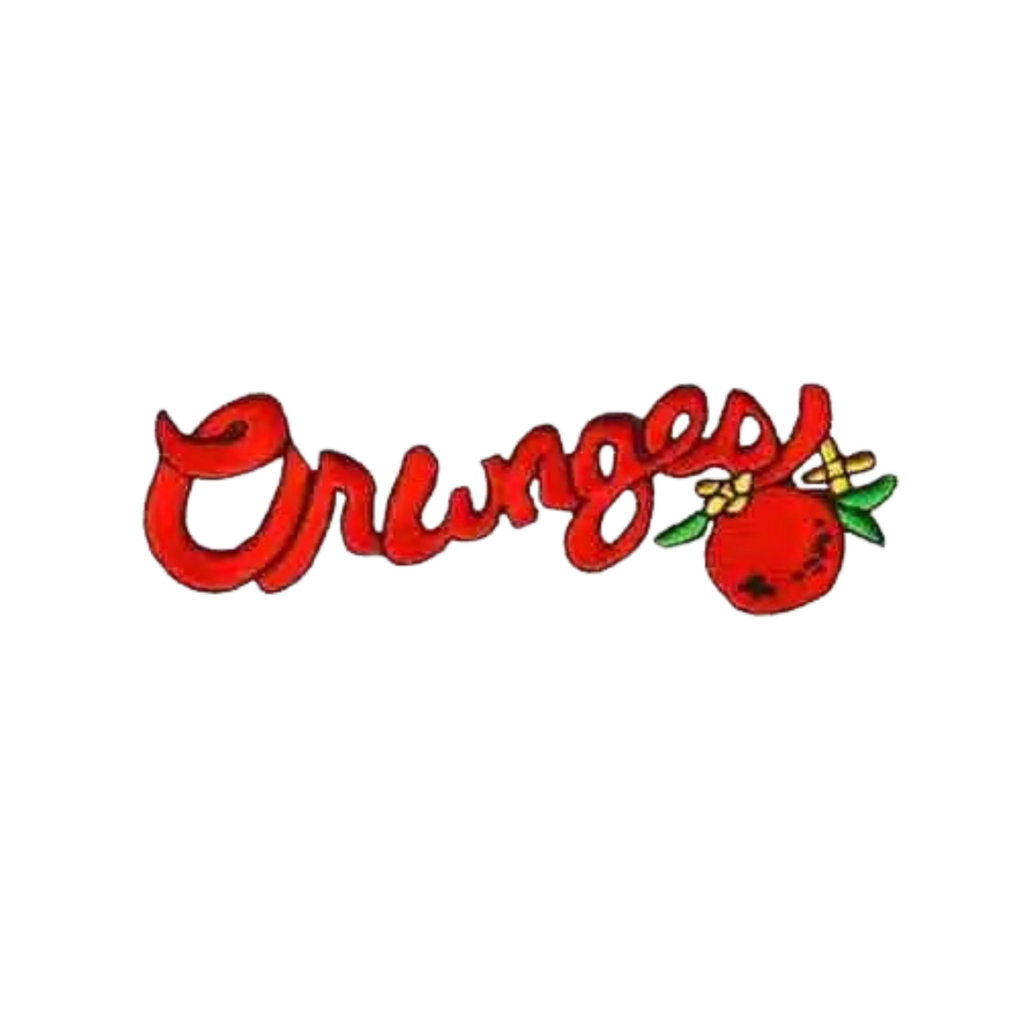 The "Oranges Script" 3-pack by LaughingLizards features red script with the tail forming an orange fruit patch with green leaves and yellow flowers—a vibrant DIY iron-on accessory.