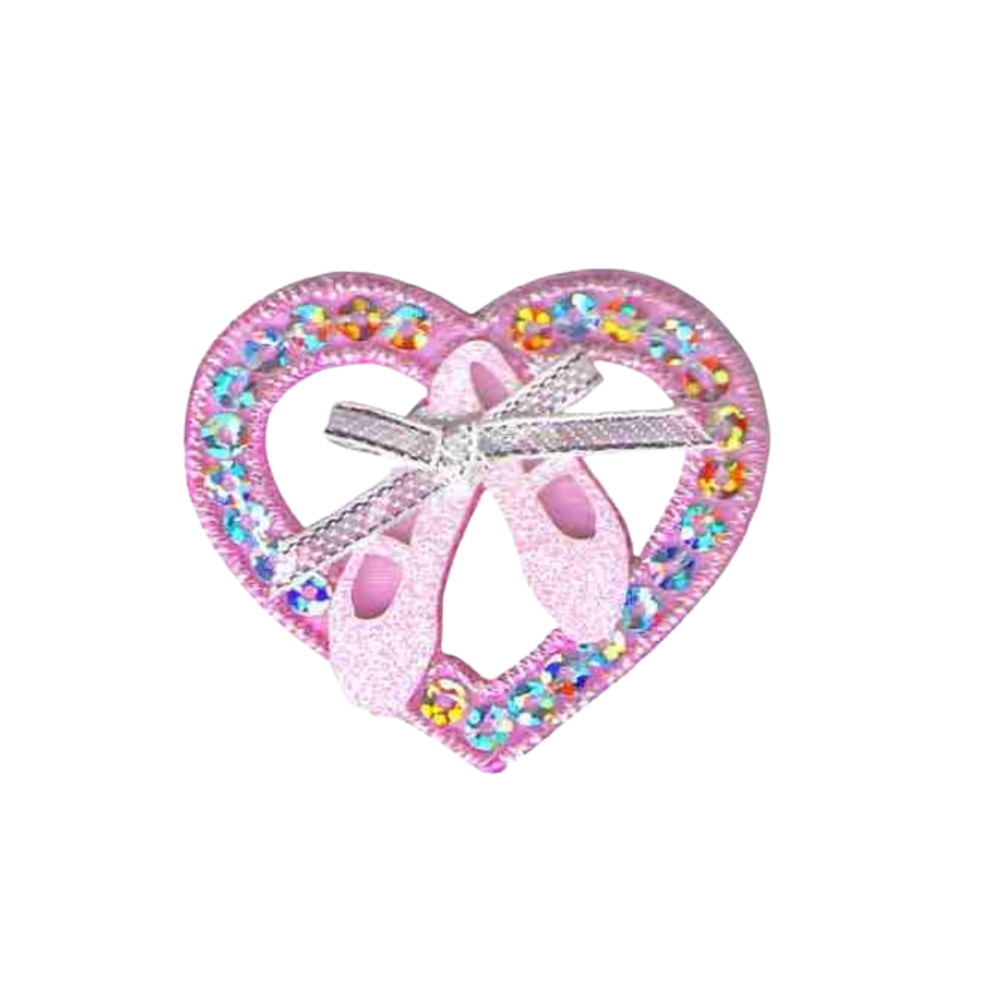 Laughing Lizards' Ballet Toe Shoes in Sequined Heart (3-Pack) Iron On Patch features pink heart-shaped patches with sparkly sequins, ballet shoes, and a silver ribbon bow at the center.