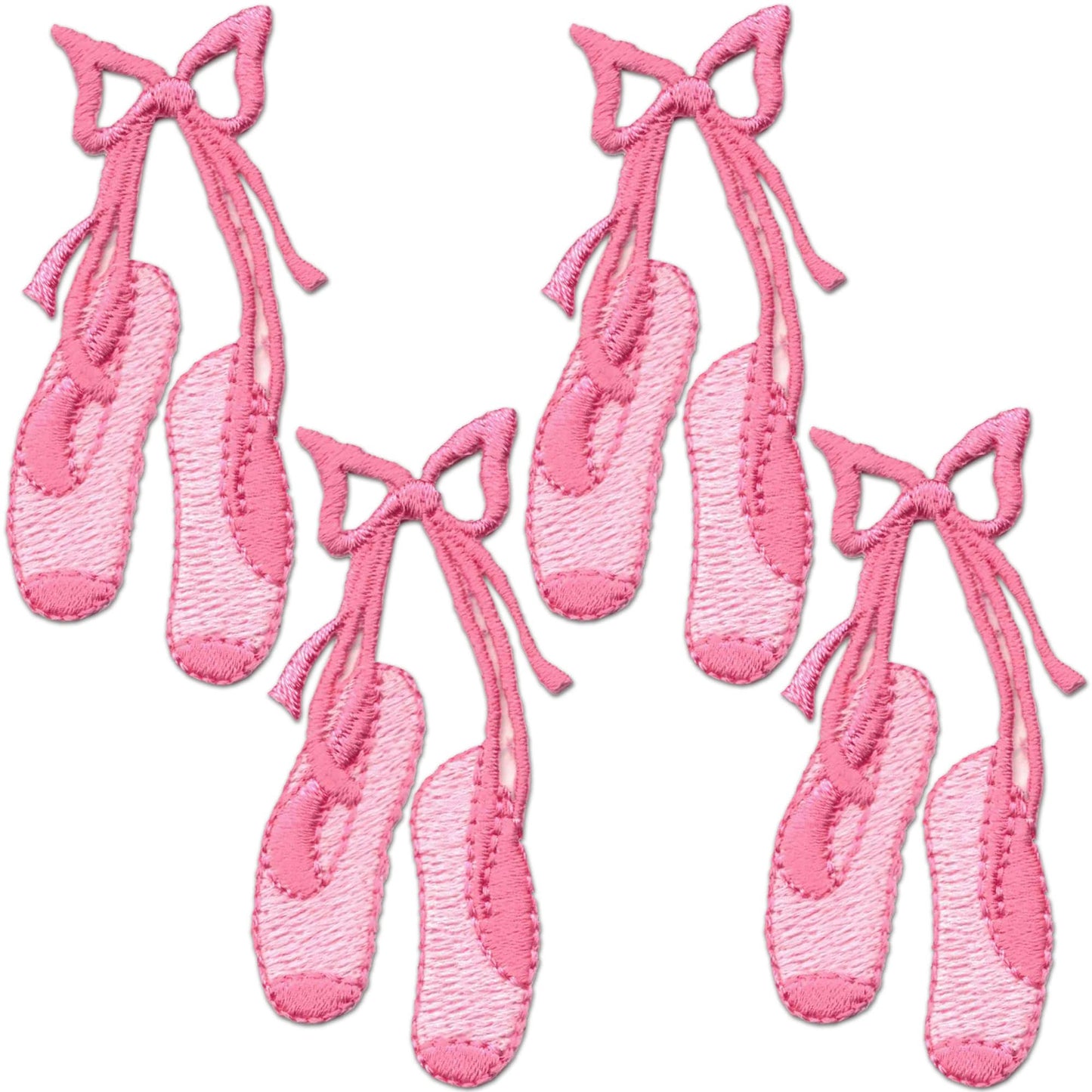 Four pairs of Laughing Lizards Two-Toned Pink Tied Ballet Toe Shoes Iron On Patches arranged diagonally on white—ideal for adding a cute ballet touch to clothing and accessories.