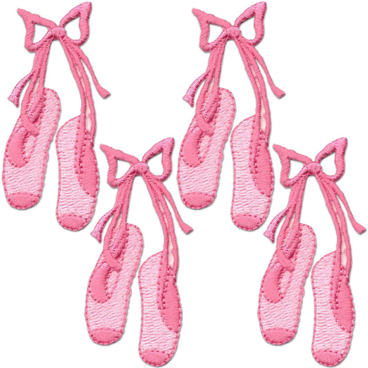 Four pairs of Laughing Lizards Two-Toned Pink Tied Ballet Toe Shoes Iron On Patches arranged diagonally on white—ideal for adding a cute ballet touch to clothing and accessories.