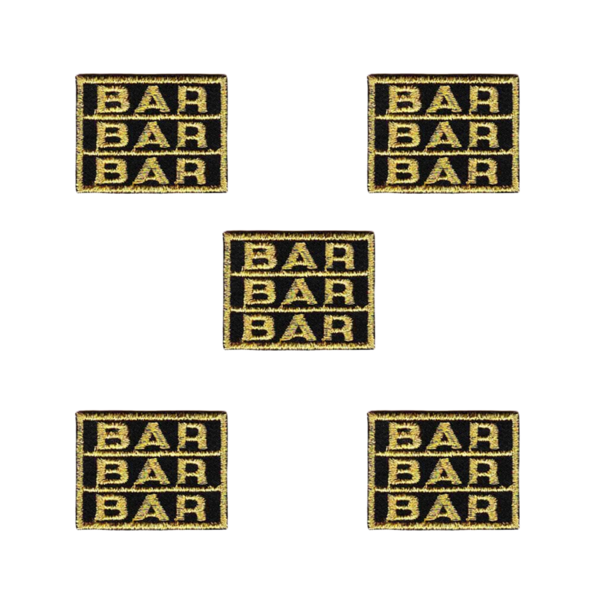 Five Bar Strip Gambling (5-Pack) Iron On Patches by Laughing Lizards, black and gold embroidered, are arranged with four in a square surrounding one in the center on a white background.