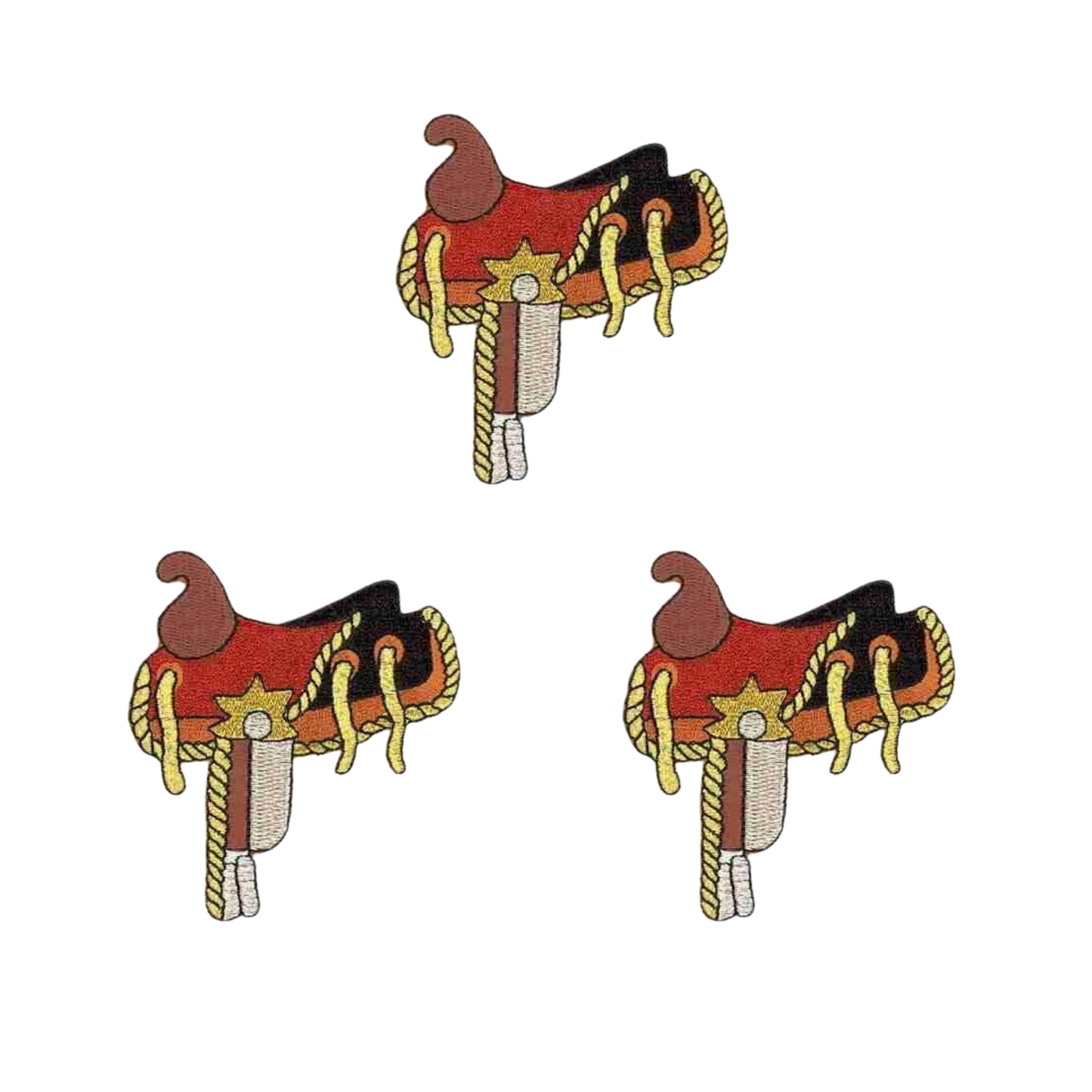 Illustration of three Laughing Lizards Metallic Thread Western Saddle iron-on patches, identical in red and brown with yellow details, arranged in a triangle on a white background. 3-pack set.