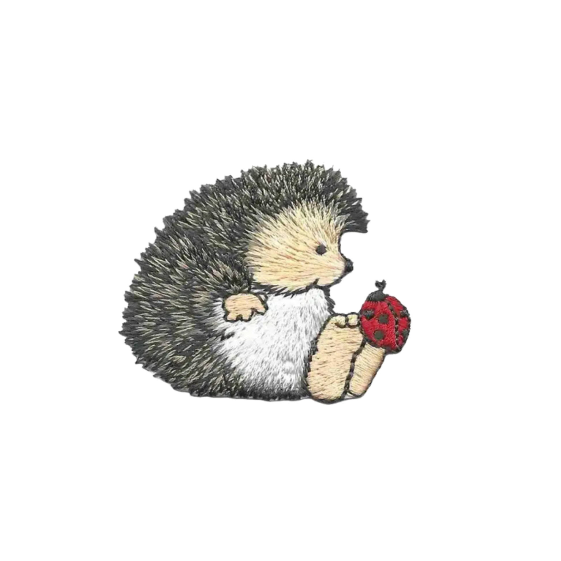The Laughing Lizards Cute Hedgehog Patch with a Ladybug on its Toes (3-Pack) features a cartoon hedgehog holding a red ladybug, perfect as an iron on patch or collectible embroidered patch for your collection.