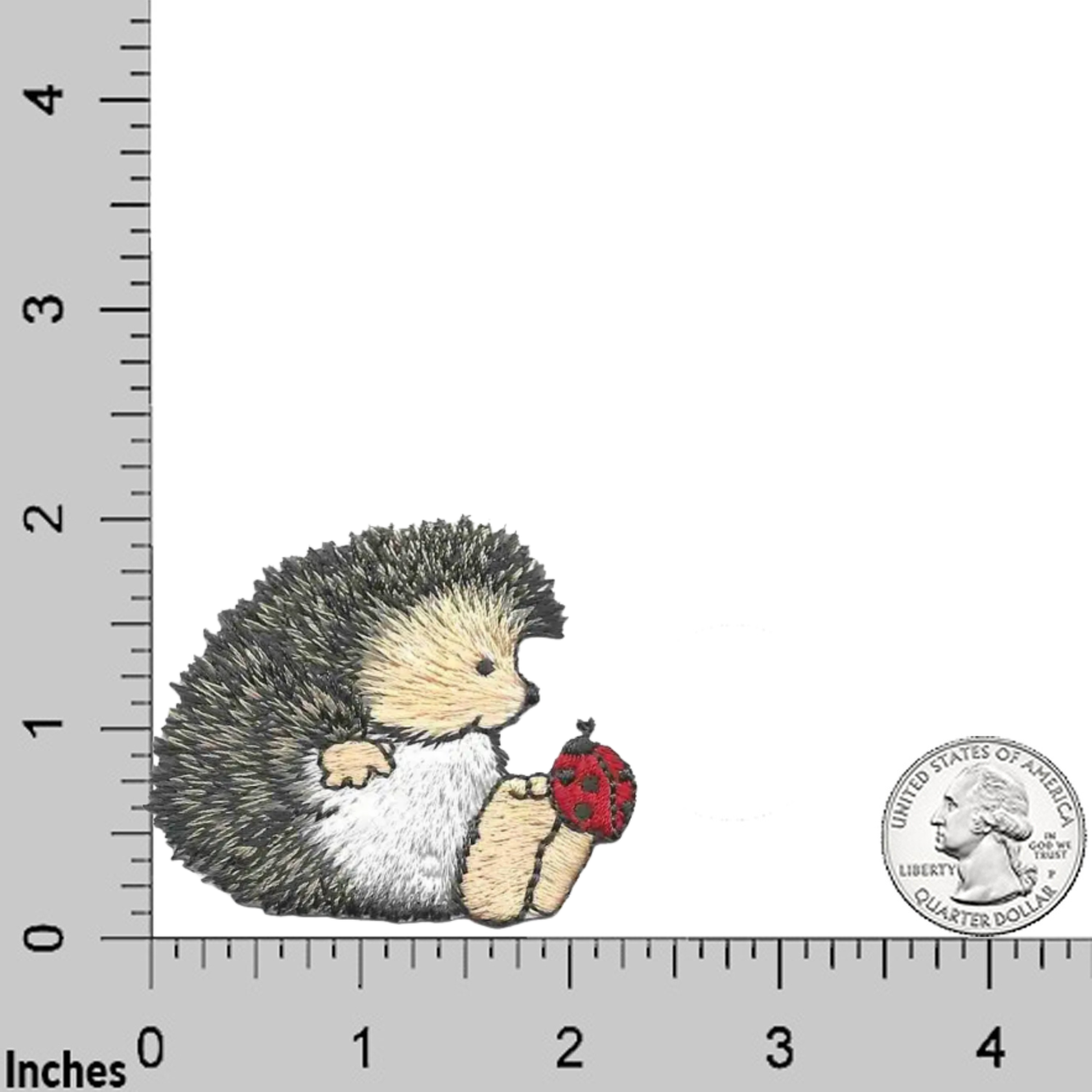 Laughing Lizards' Cute Hedgehog Patch with a Ladybug on its Toes (3-Pack) iron-on patches shown beside a US quarter and a ruler with inch measurements for size reference.