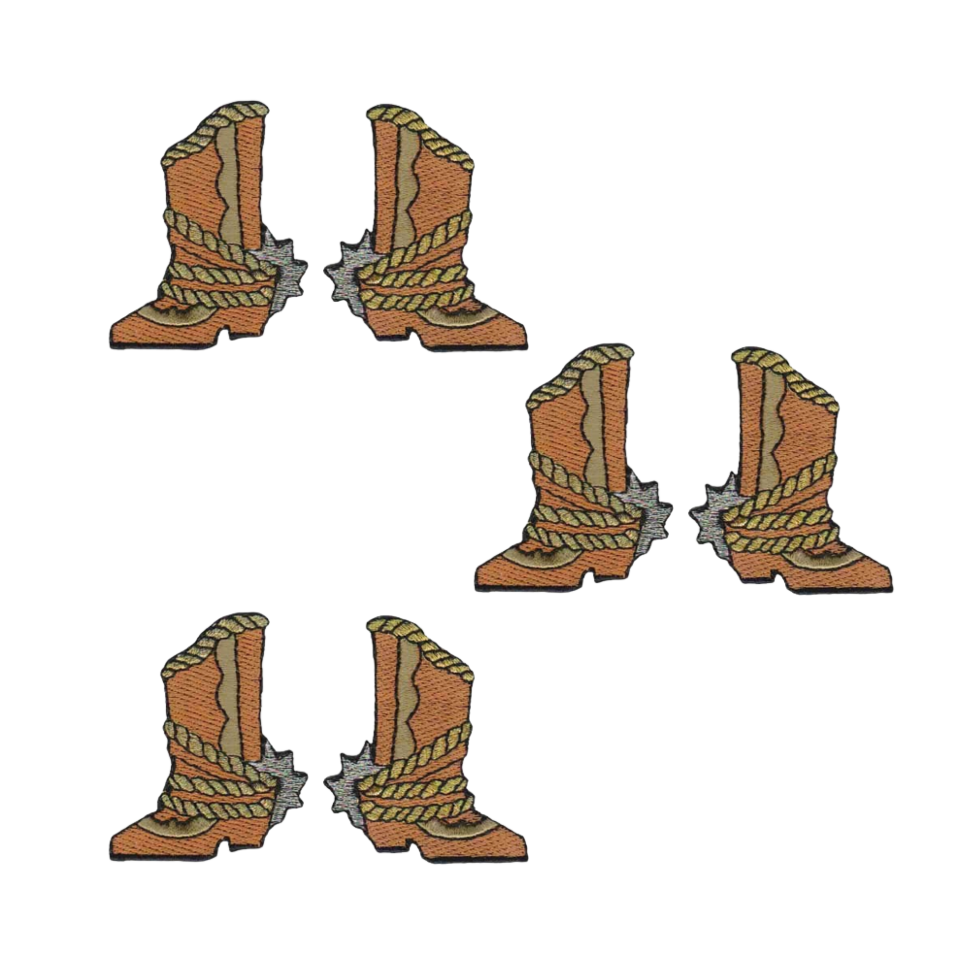 The LaughingLizards Western Cowboy Boot with Horseshoe (3-Pack) Iron On Patch features three cowboy boot patches, perfect for unique Western-themed embroidery or as standout boot patch designs.