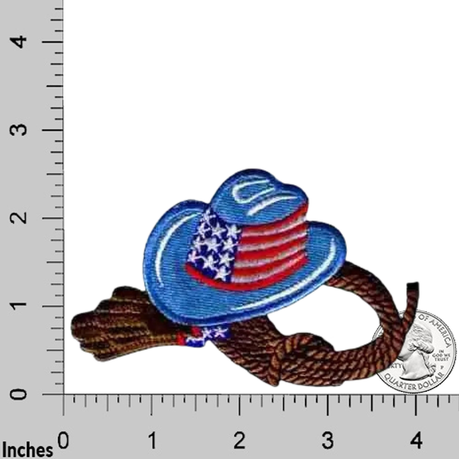 Laughing Lizards Cowboy Hat with Rope and Gloves Western (2-Pack) iron-on patch features an embroidered cowboy hat, rope, and gloves with an American flag design, shown next to a U.S. quarter for scale on a ruler background.