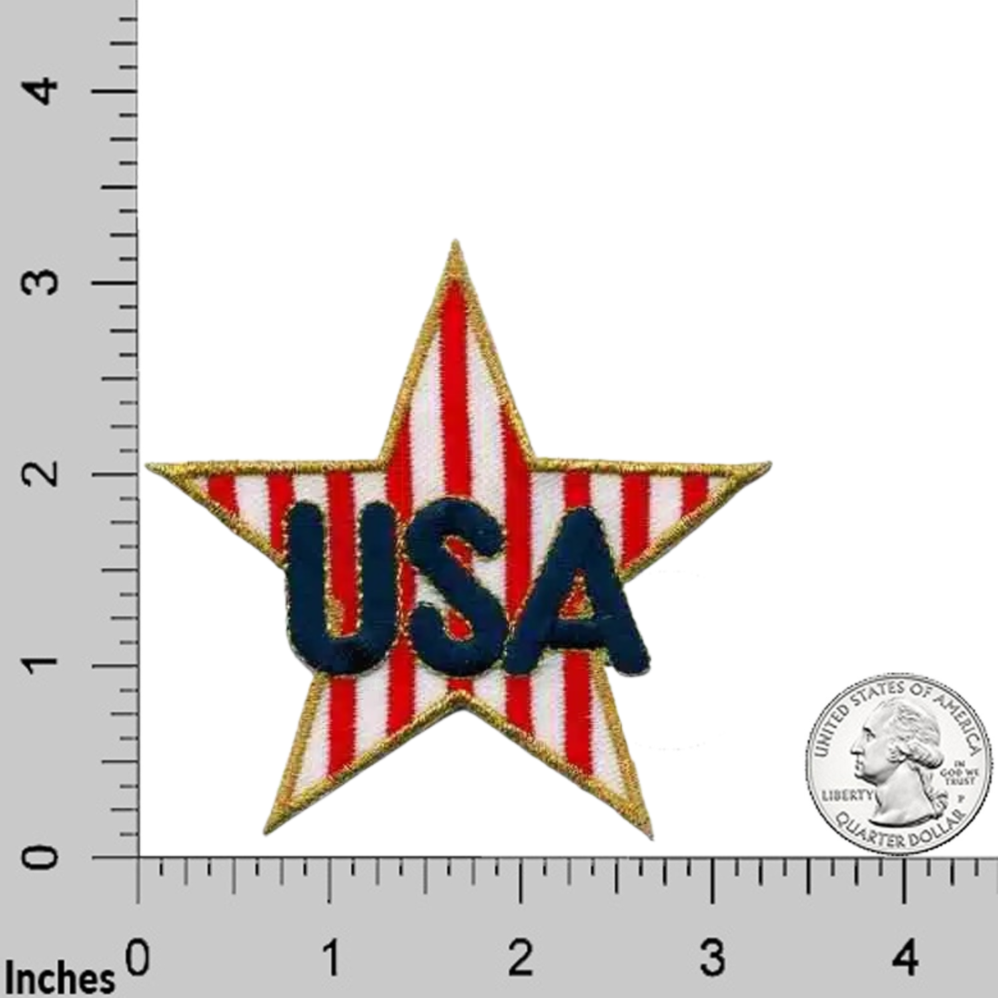 The Laughing Lizards USA Star (2-Pack) Iron on Patch features a patriotic embroidered design with red and white stripes and "USA" text. Shown next to a ruler and U.S. quarter for scale, these patches are perfect for jackets, bags, or hats.