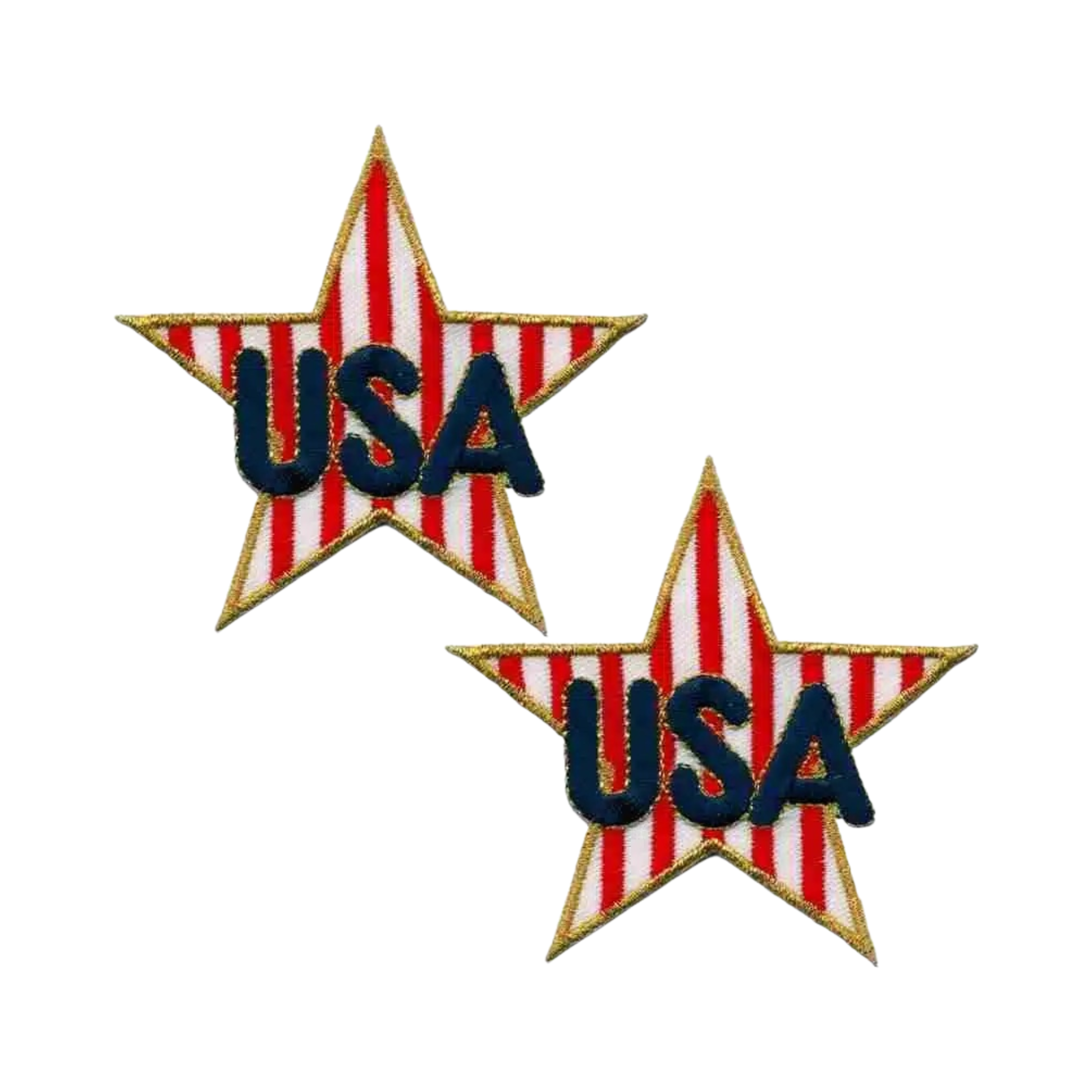 The Laughing Lizards USA Star (2-Pack) Iron on Patch features red and white striped stars with bold blue "USA" lettering outlined in gold—perfect patriotic patches for your collection.
