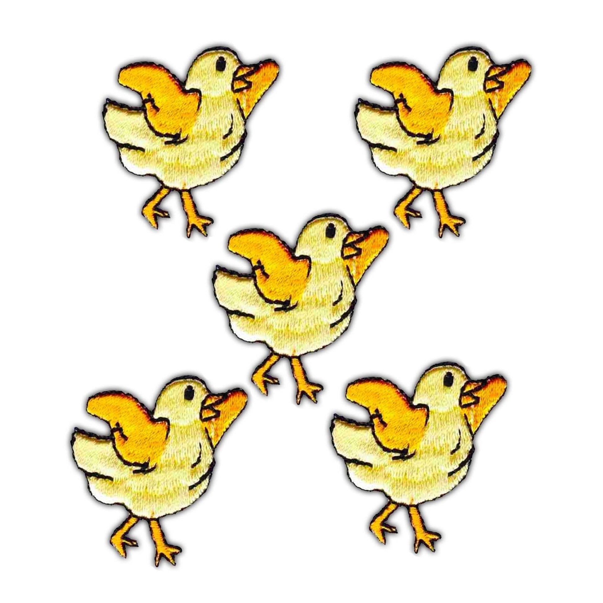 Four yellow Chick Patches (5-Pack) Chicken Embroidered Iron On Patch Appliques are standing on a white background.