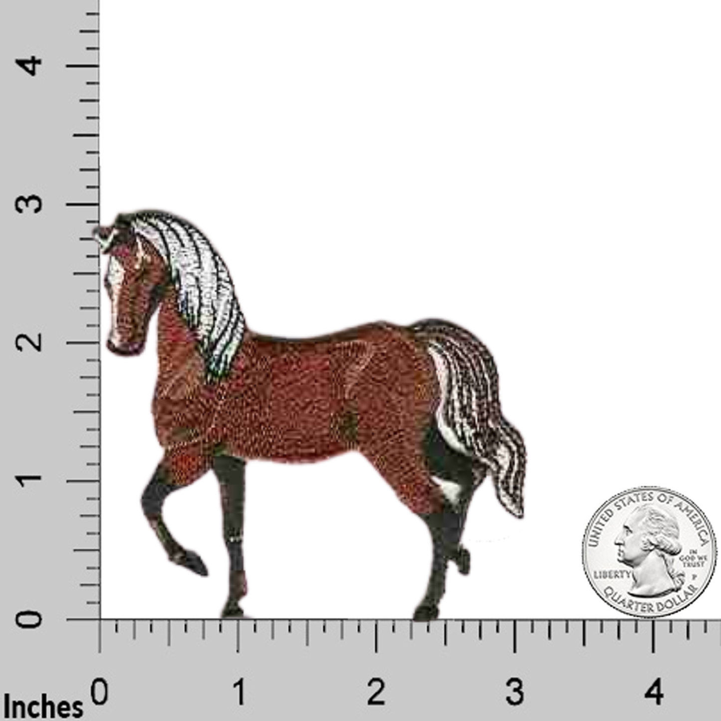The LaughingLizards Horse Prancing Equestrian Iron On Patch is shown on a grid with inch markings and a US quarter for scale. This applique is a charming addition to your project and easily attaches with iron-on application.