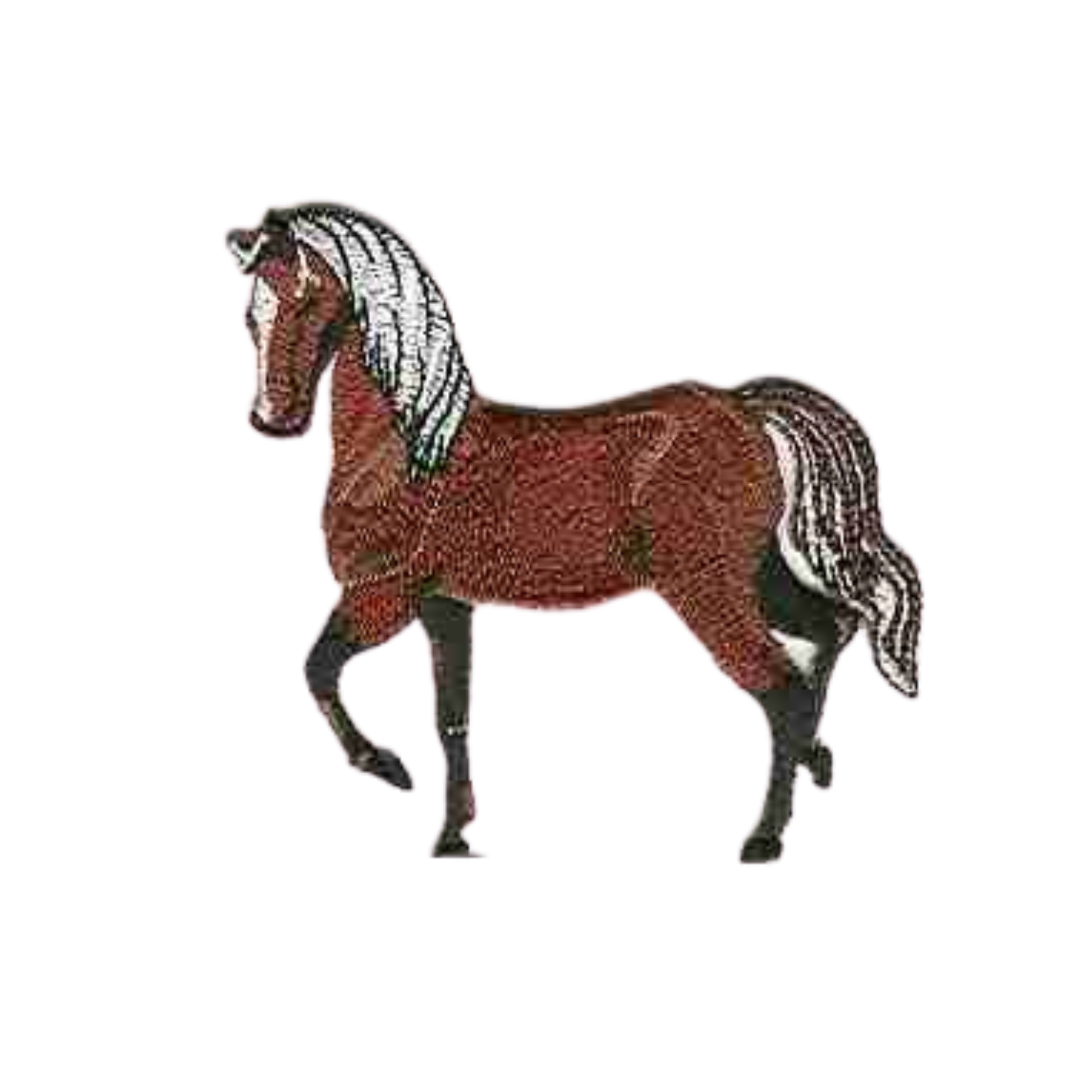 LaughingLizards' Horse Prancing Equestrian Iron On Patch features a brown horse with a white mane and tail, standing on three legs with one front leg raised, set against a plain white background. Available in a convenient pack.