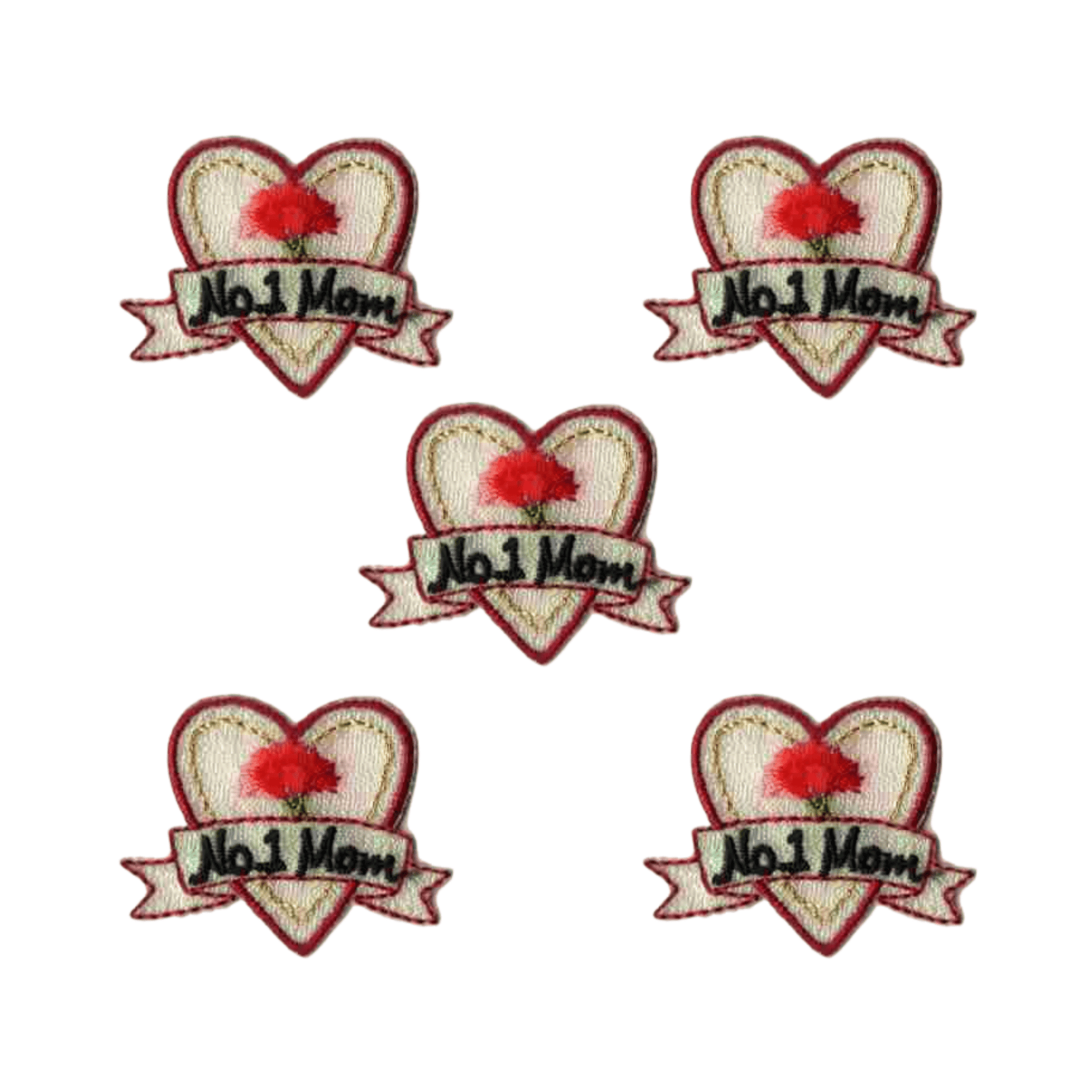 The Laughing Lizards Iridescent "No.1 Mom" Heart Patch 5-Pack features embroidered iron-on patches—ideal for DIY crafts or a Mother’s Day gift—arranged in a pattern on a white background.
