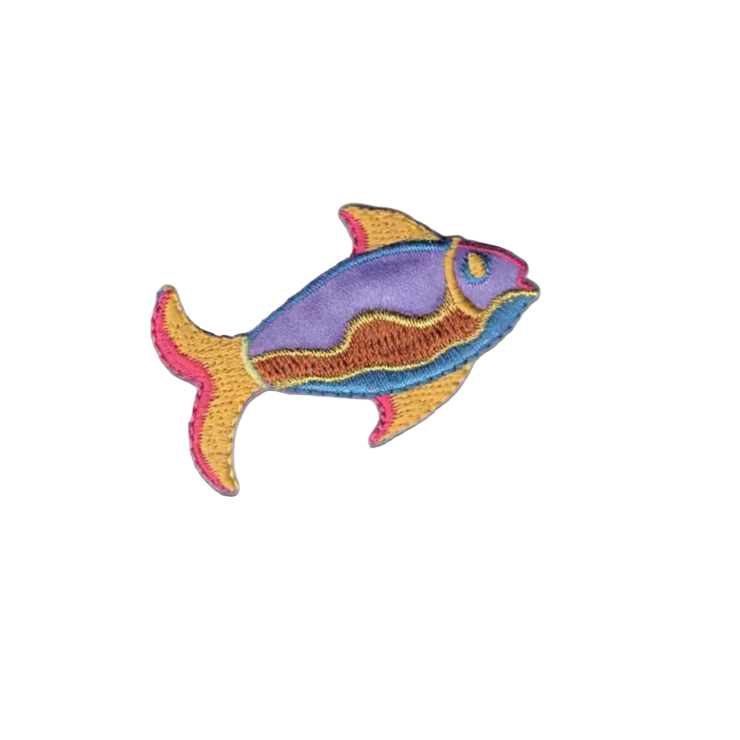 Add a splash of color to your gear with LaughingLizards' Colorful Gold Thread Fish Iron on Patch (3-Pack), featuring vibrant yellow, pink, blue, and purple sections with gold accents—ideal for marine-themed flair.