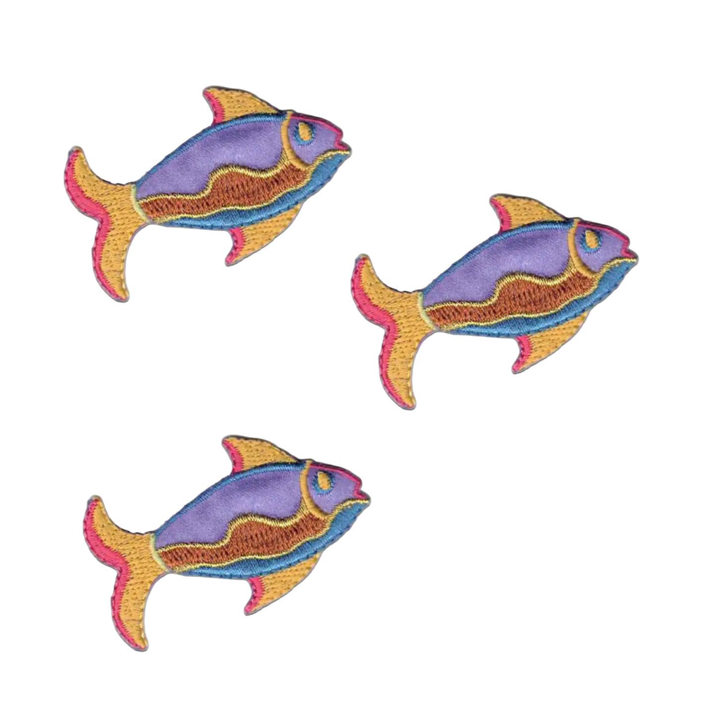 The LaughingLizards Colorful Gold Thread Fish (3-Pack) Iron on Patch features purple, yellow, and pink embroidered fish with gold accents in a triangle design on white—ideal for marine-themed creative projects.