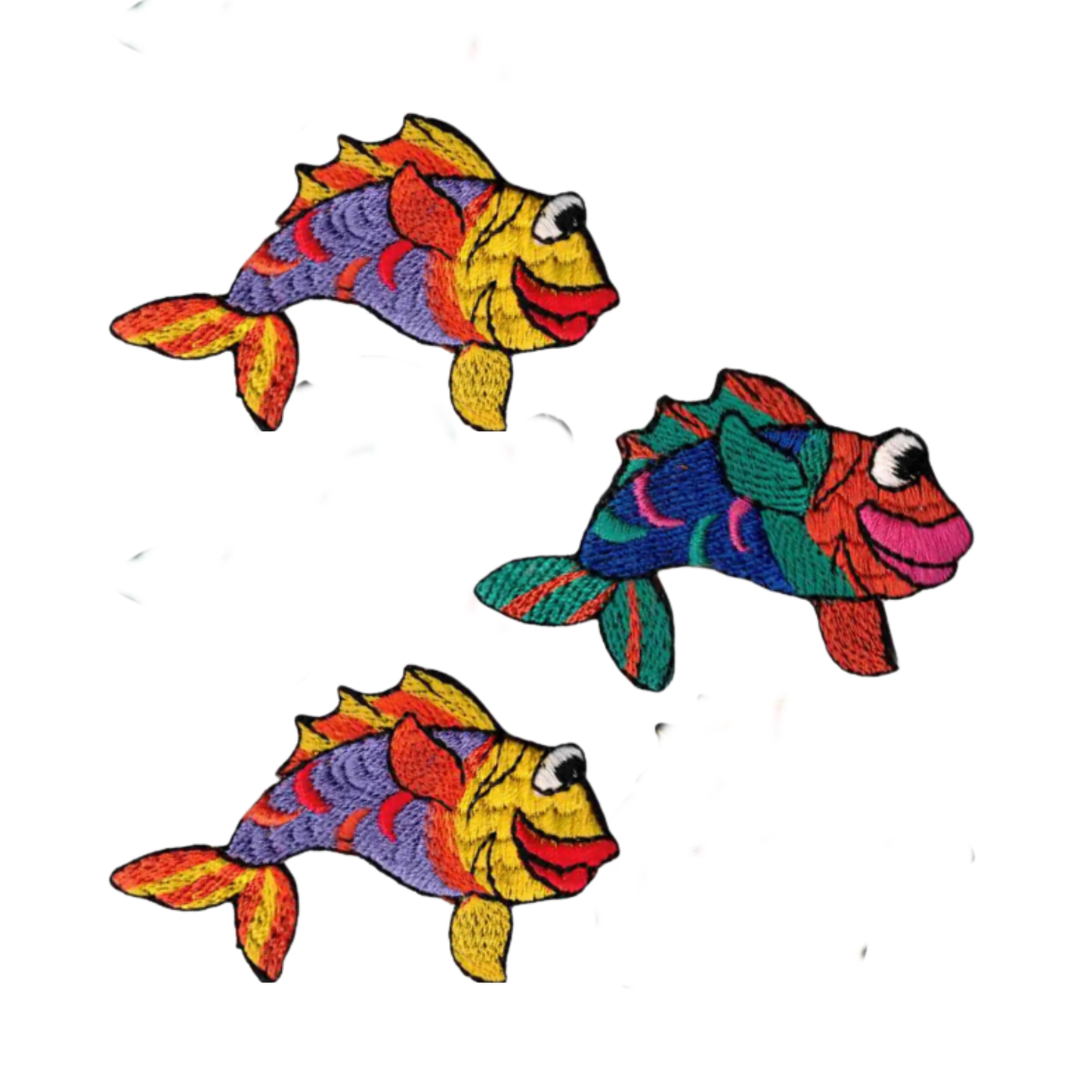The Bubba Lips Fish (3-Pack) Iron On Patch by Laughing Lizards features colorful, embroidered cartoon fish with big eyes and lips—ideal as a fish applique or patch for creative projects.