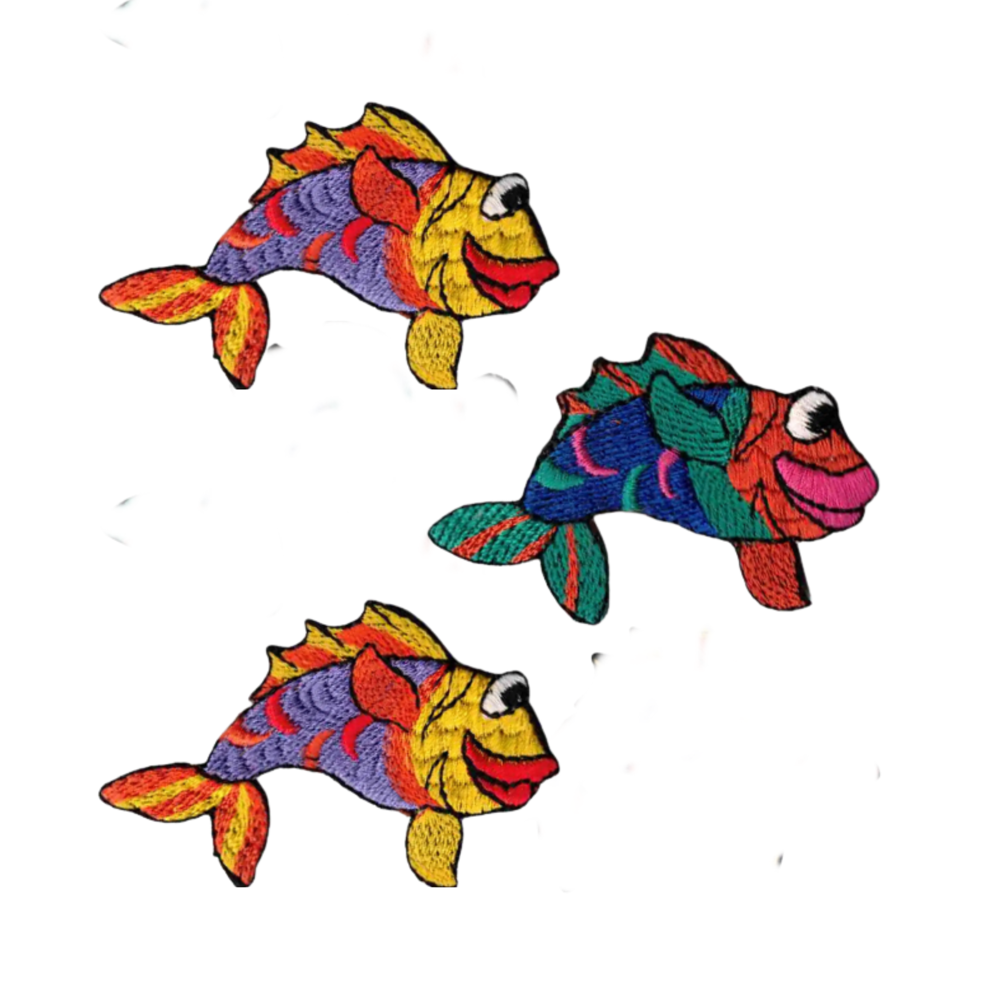 The Bubba Lips Fish (3-Pack) Iron On Patch by Laughing Lizards features colorful, embroidered cartoon fish with big eyes and lips—ideal as a fish applique or patch for creative projects.