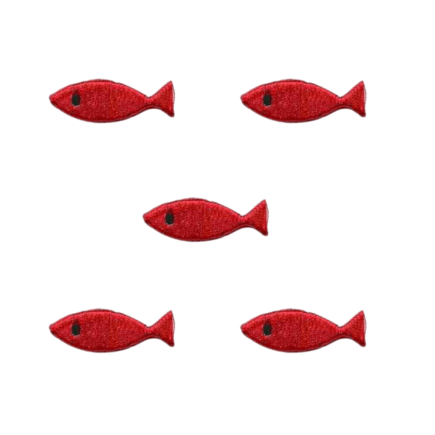 Five Plain Fish in RED (5-Packs) Sealife Embroidered Iron On Patches by Laughing Lizards, featuring playful red fish with black eyes, are arranged on a white background.