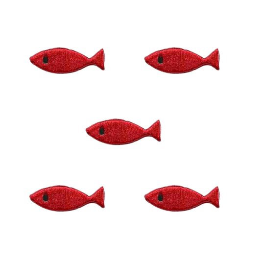 Five Plain Fish in RED (5-Packs) Sealife Embroidered Iron On Patches by Laughing Lizards, featuring playful red fish with black eyes, are arranged on a white background.