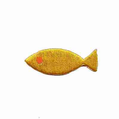 The Laughing Lizards Plain Yellow Fish (5-Pack) Sealife Embroidered Iron On Patch is perfect for DIY crafts or as an iron-on accent for your projects, featuring simple gold embroidery on a white background.