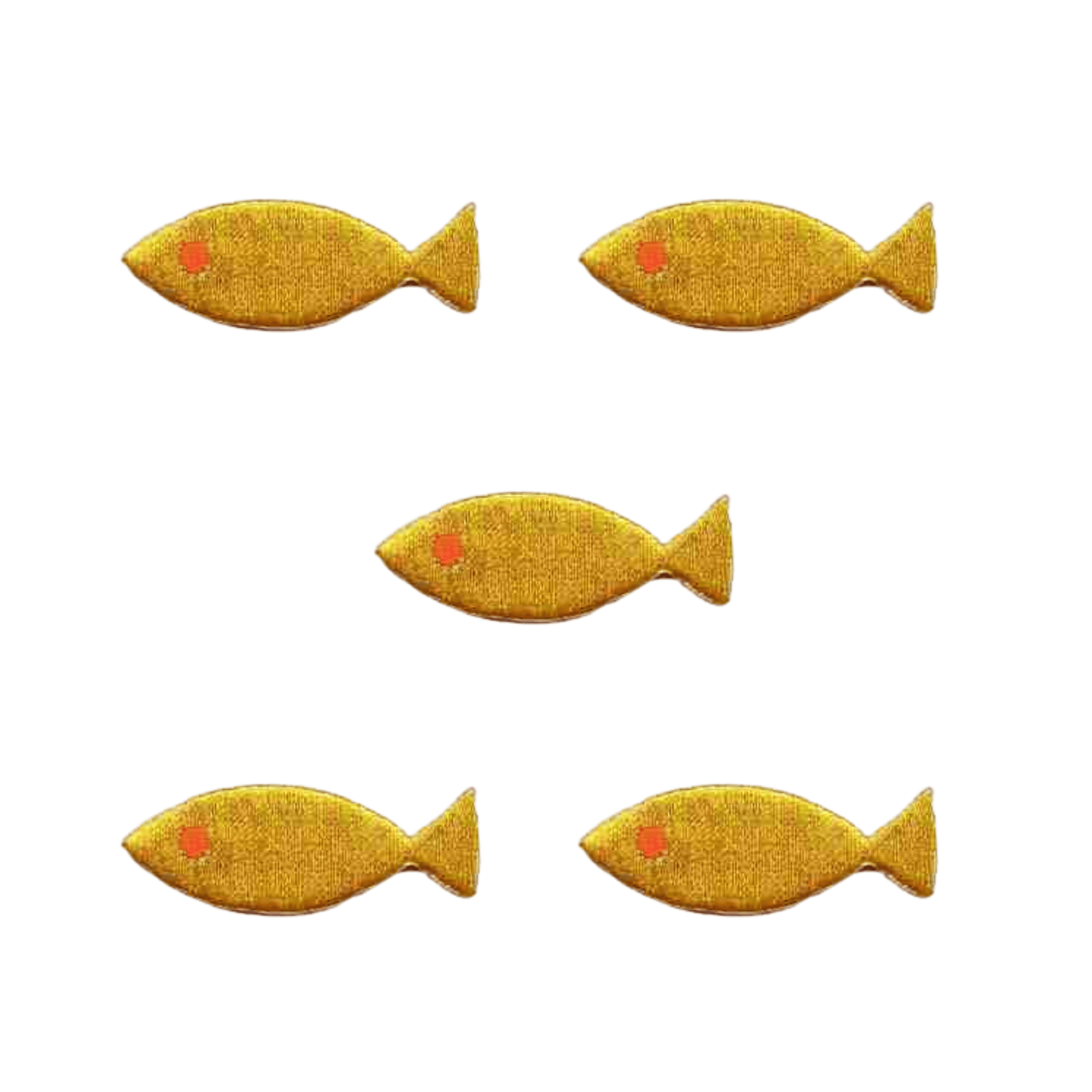Add a fun touch to crafts with Laughing Lizards' Plain Yellow Fish (5-Pack) Sealife Embroidered Iron On Patches—five bright yellow fish on white, perfect for DIY projects.
