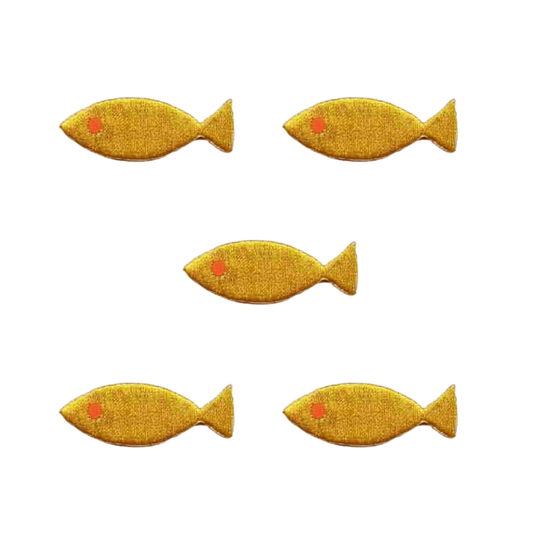 Add a fun touch to crafts with Laughing Lizards' Plain Yellow Fish (5-Pack) Sealife Embroidered Iron On Patches—five bright yellow fish on white, perfect for DIY projects.