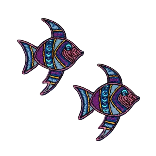 The LaughingLizards Purple Sequined Fish Sea Life Iron On Patch (2-Pack) adds sparkle to any DIY project—perfect as a fun embroidered applique for your favorite accessories.