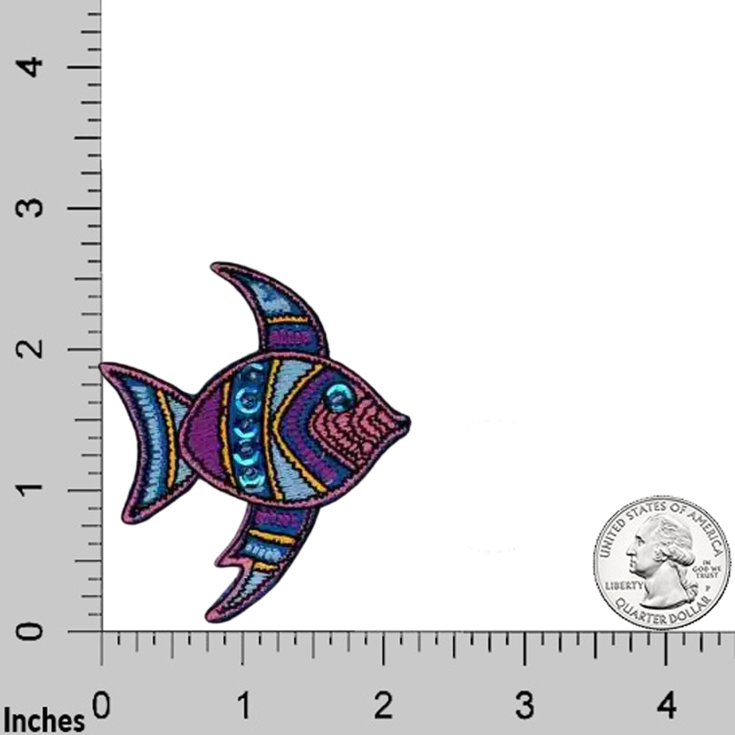 The LaughingLizards Purple Sequined Fish Sea Life Iron On Patch (2-Pack) is shown on an inch grid with a U.S. quarter for scale—ideal for DIY decorating and adding sparkle to your projects.