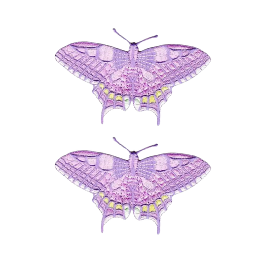 Two identical pink Old World Swallowtail Butterfly (2-Pack) iron-on patches by LaughingLizards are displayed side by side on a white background.
