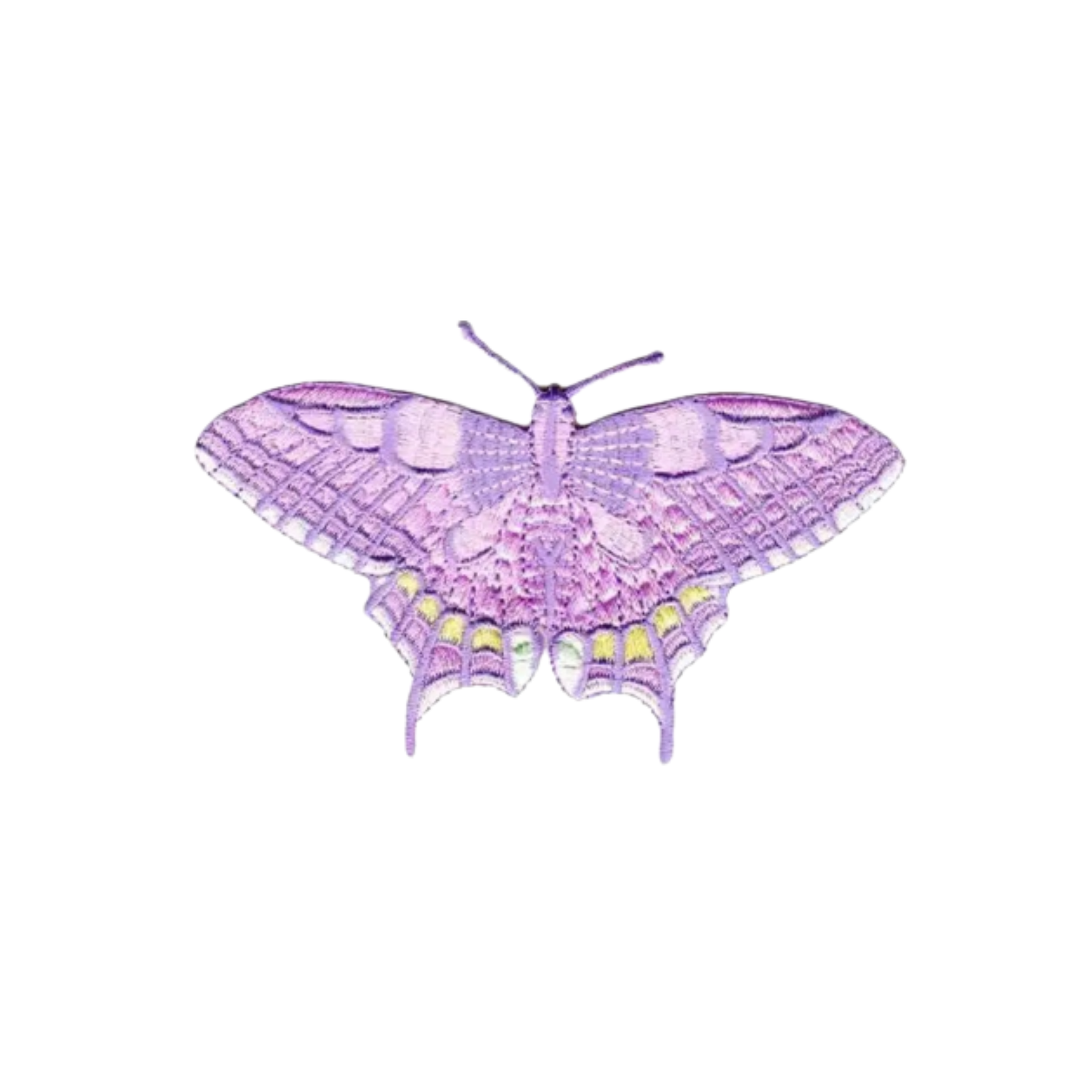 The Pink Old World Swallowtail Butterfly (2-Pack) Iron On Patch - LARGE by LaughingLizards features a detailed purple butterfly with light pink and yellow accents, resembling an embroidered patch viewed from above on white.