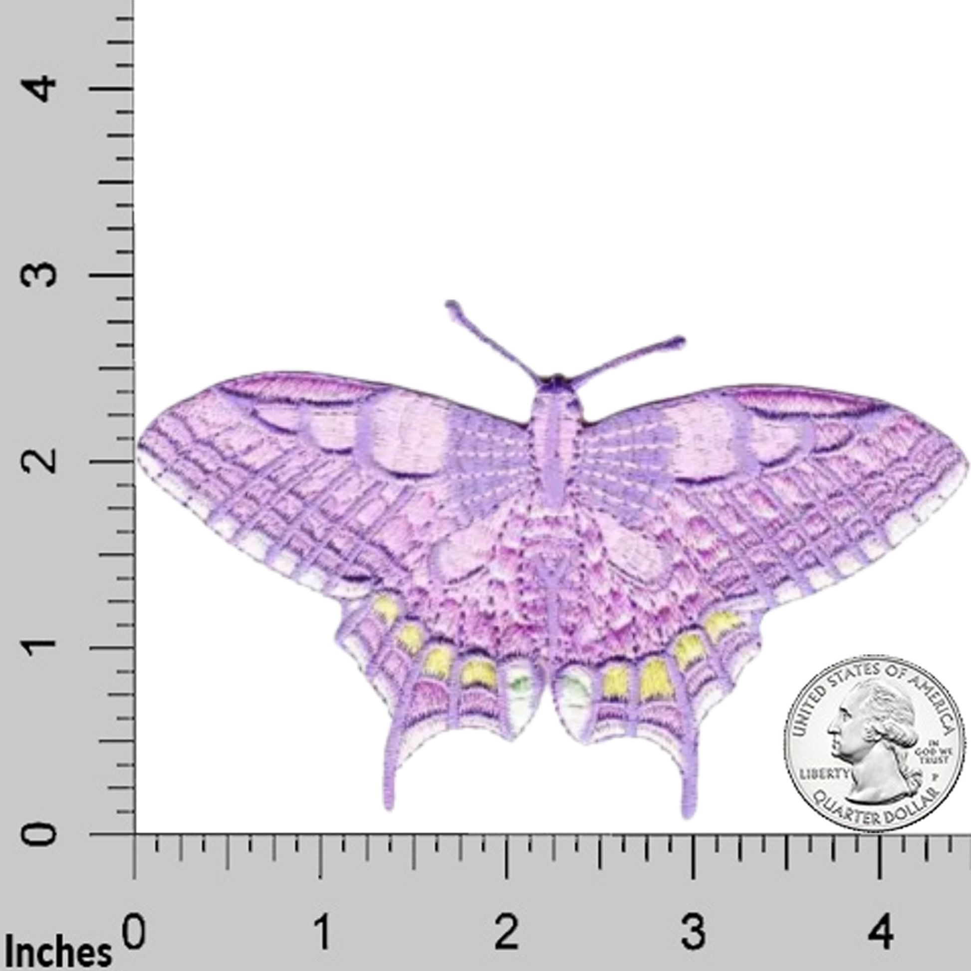 The LaughingLizards Pink Old World Swallowtail Butterfly (2-Pack) Iron On Patch – LARGE is shown next to a U.S. quarter on a ruler grid, measuring about 4" wide by 2.5" tall—a vibrant embroidered accessory for any project.