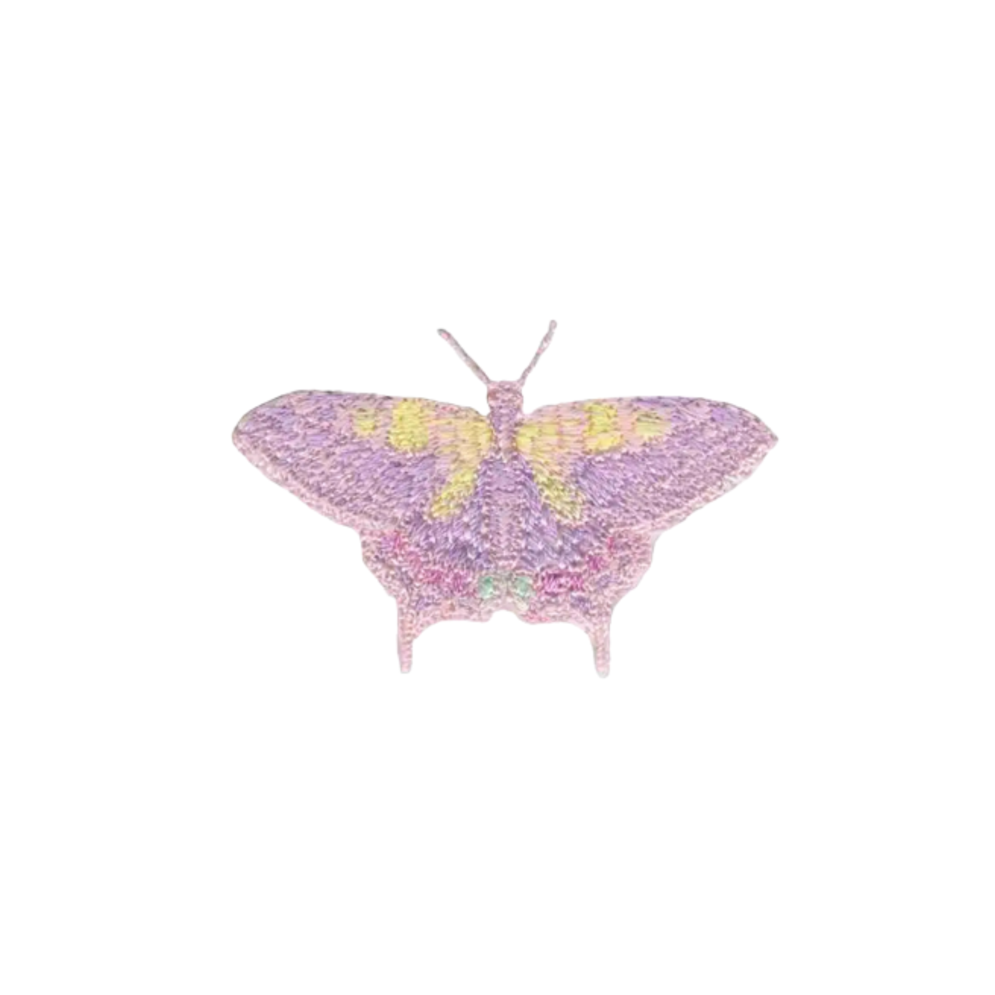 The Laughing Lizards Light Pink Old World Swallowtail Butterfly Iron-on Patch (3-Pack, Small) is a charming clothing accessory, featuring pastel hues with yellow accents. Perfect for decorating apparel; displayed on a white background.